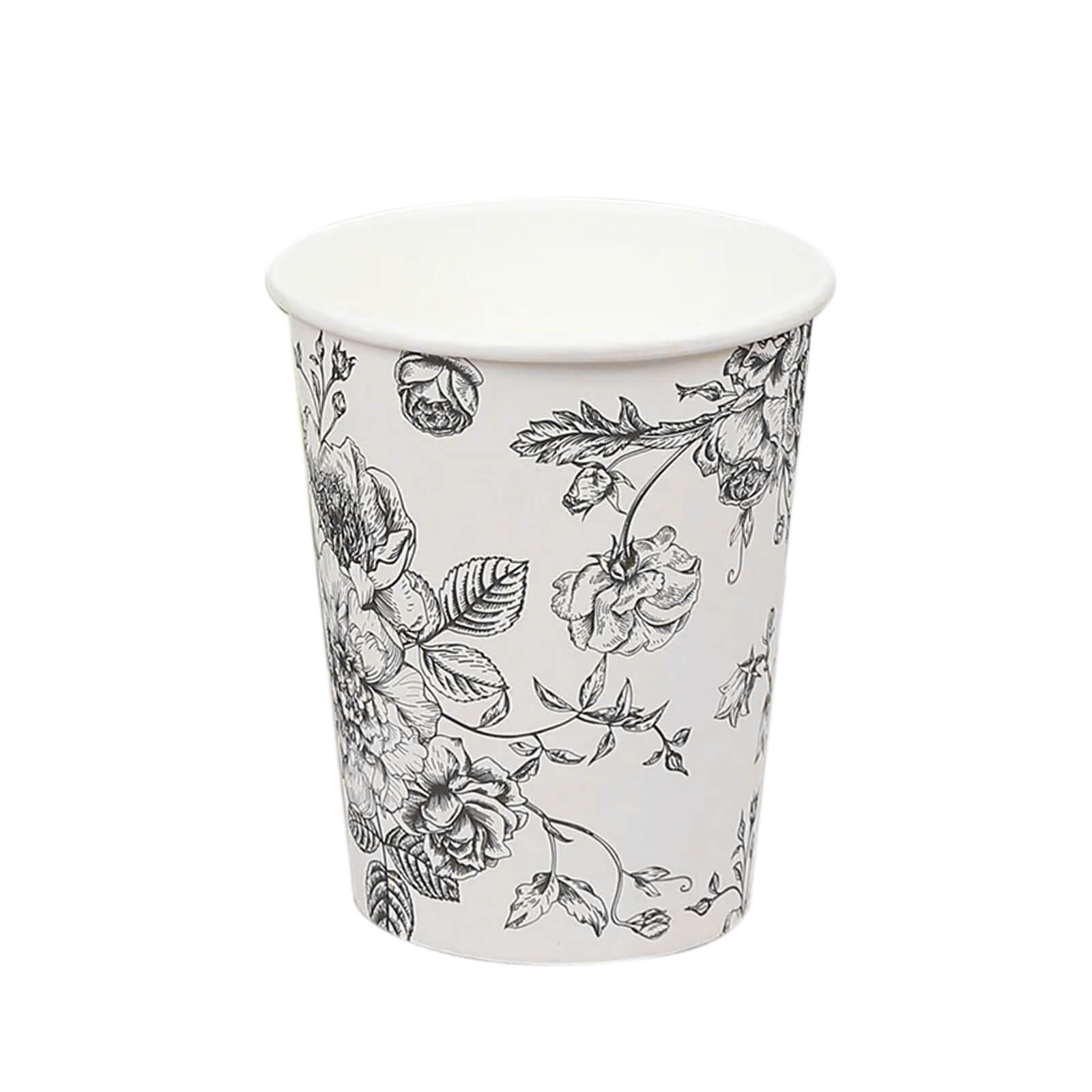 50-Pack Paper Cups 9oz White with Black French Toile Print - Chic Disposable Floral Party Cups for Hot & Cold Beverages - Image 7