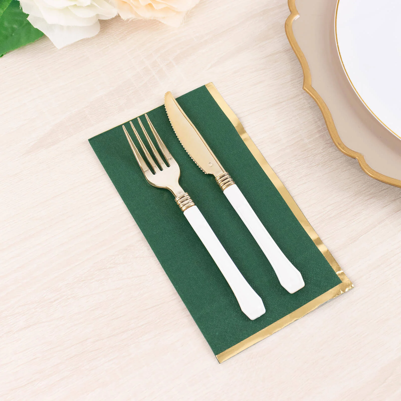 50-Pack Paper Dinner Napkins 2 Ply Hunter Emerald Green with Gold Foil Edge - Soft Disposable Napkins - Image 2