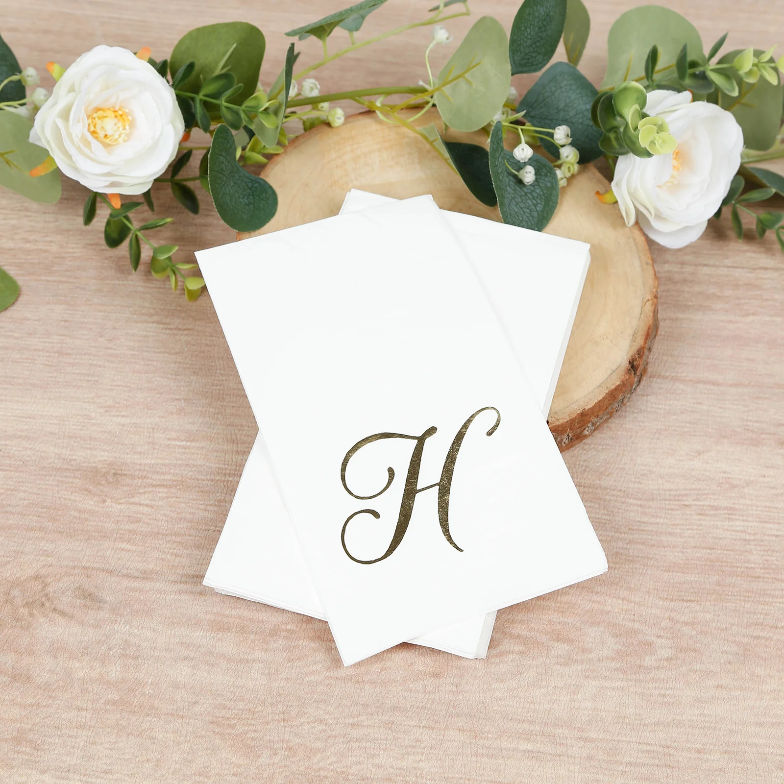 100-Pack Paper Dinner Napkins White with Gold Foil Monogram "H" – 8"x4" Folded, Disposable Party Napkins