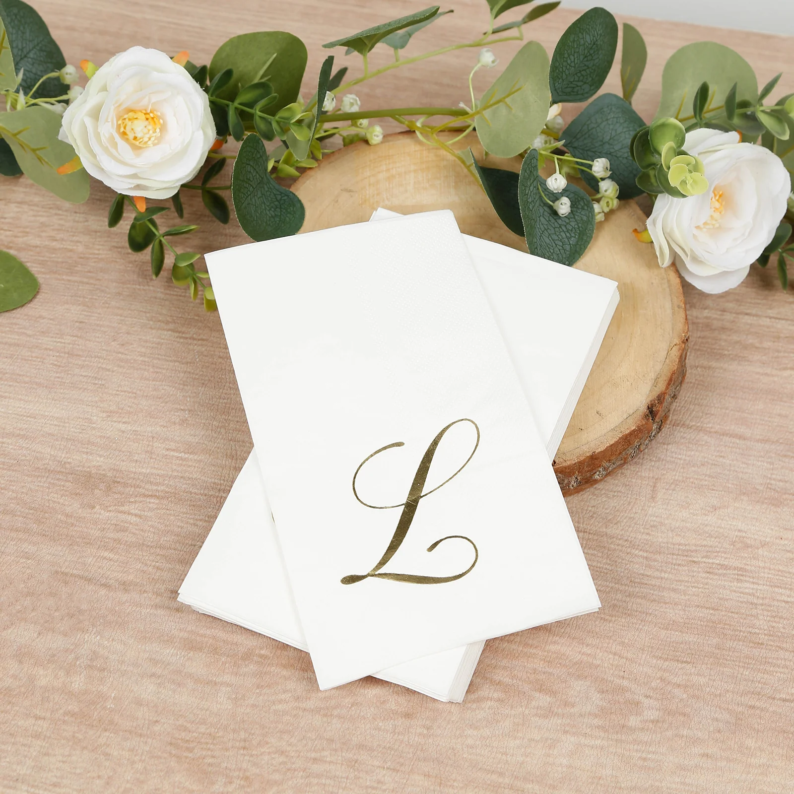 100-Pack Paper Dinner Napkins White with Gold Foil Monogram "L" – 8"x4" Folded, Disposable Party Napkins
