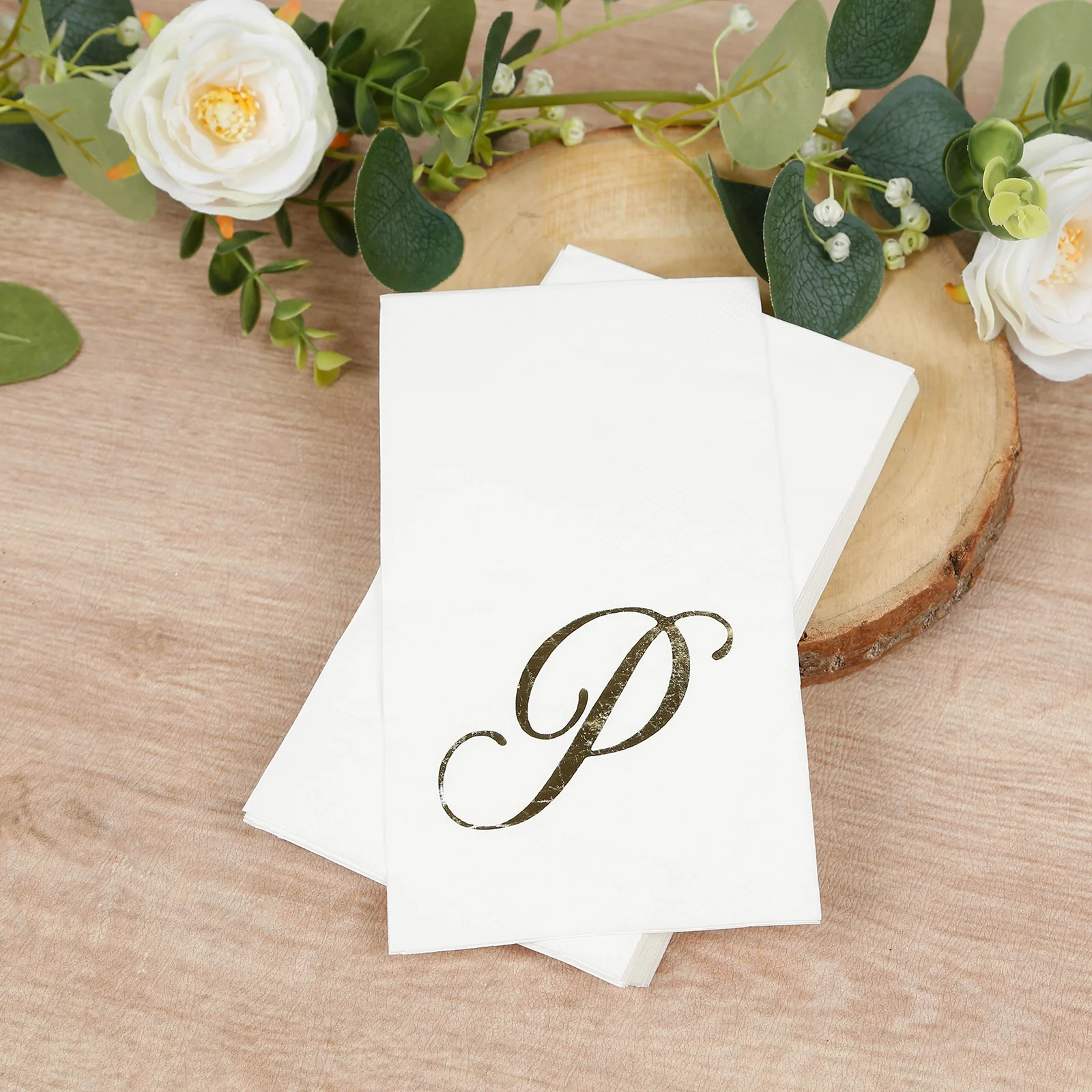 100-Pack Paper Dinner Napkins White with Gold Foil Monogram "P" – 8"x4" Folded, Disposable Party Napkins