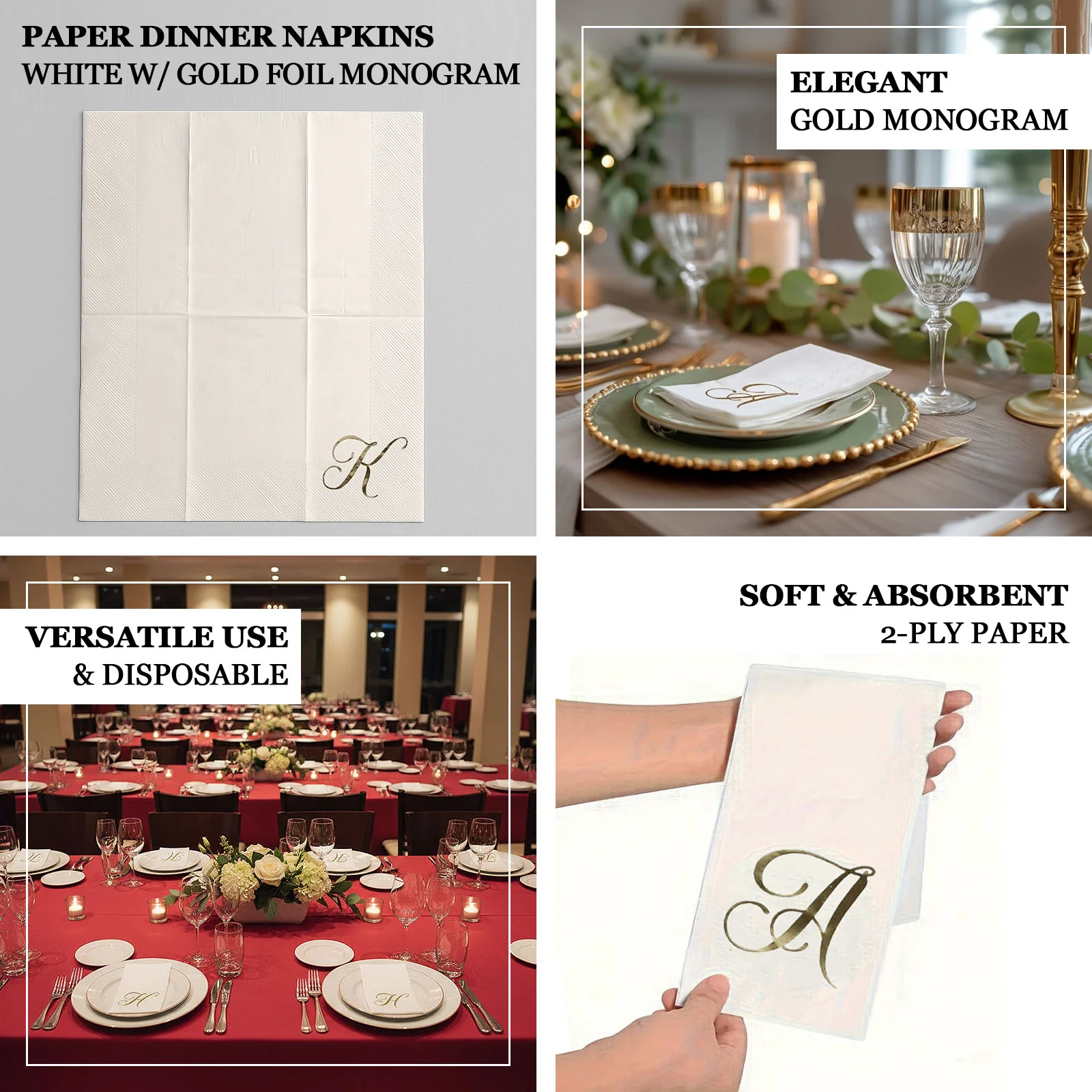 100-Pack Paper Dinner Napkins White with Gold Foil Monogram "P" – 8"x4" Folded, Disposable Party Napkins - Image 4