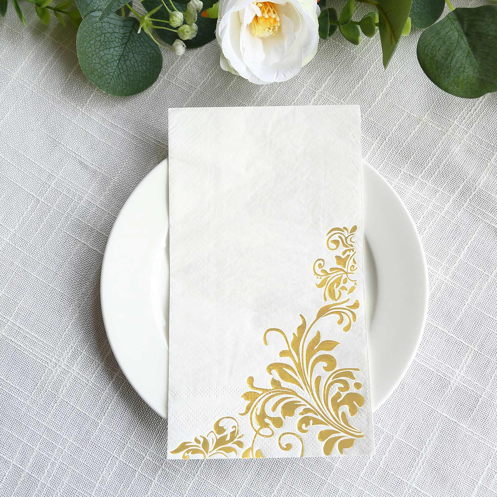 50-Pack Paper Napkins 8"x4" White with Gold Baroque Floral Print - Soft Disposable Party Napkins - Image 5