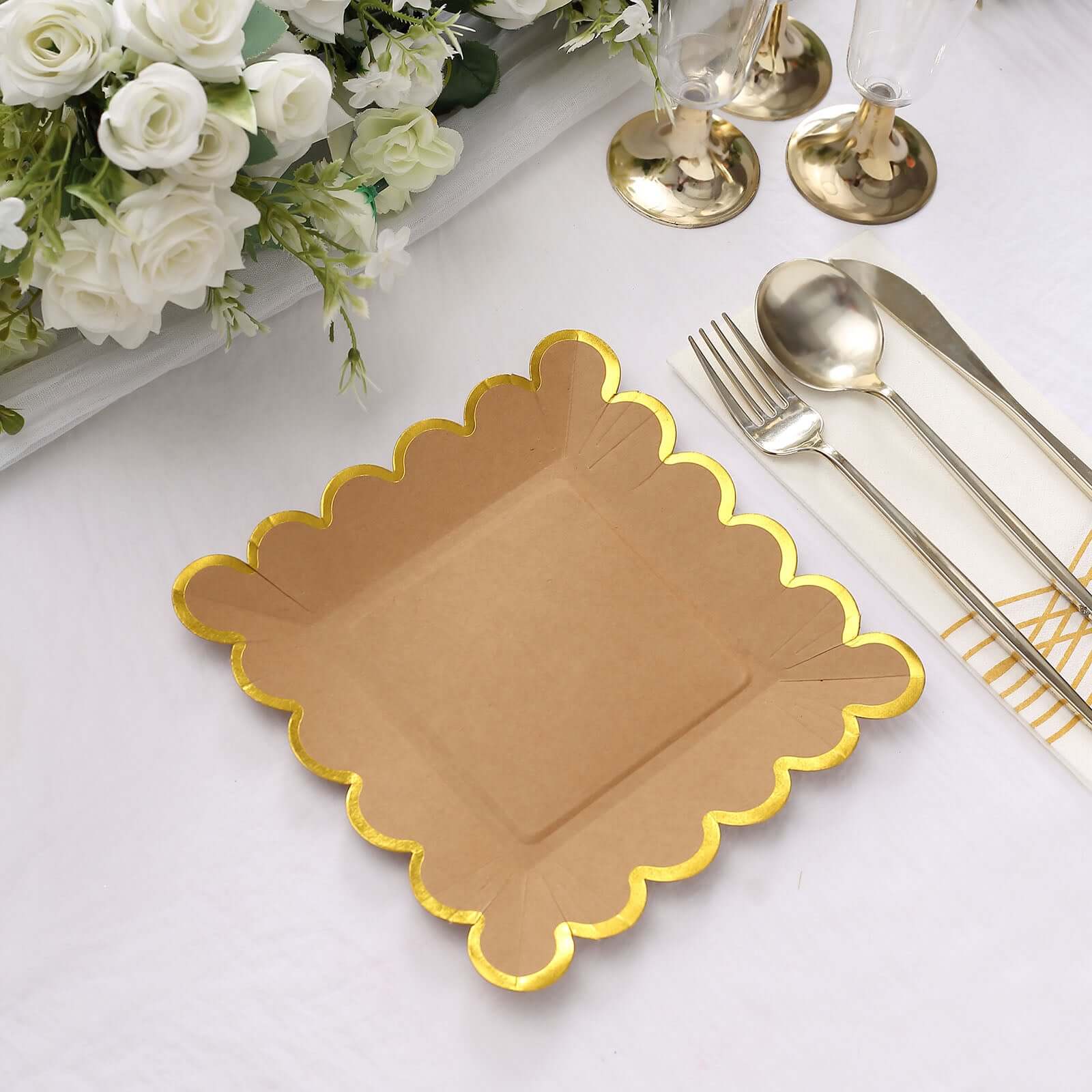 25-Pack Paper Square Dessert Plates 7" Natural Brown with Gold Scalloped Rim - Disposable Salad Appetizer Party Plates for Rustic Gatherings & Chic Events - Image 11