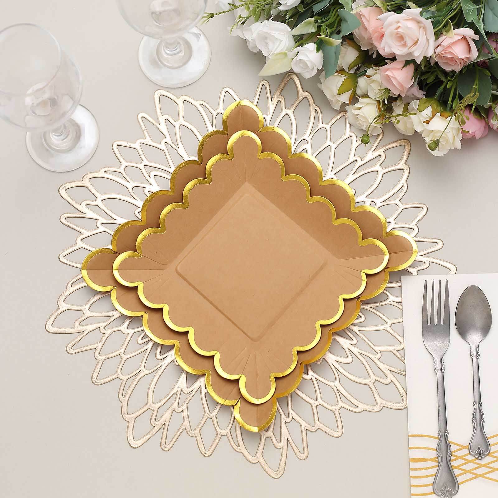 25-Pack Paper Square Dessert Plates 7" Natural Brown with Gold Scalloped Rim - Disposable Salad Appetizer Party Plates for Rustic Gatherings & Chic Events - Image 2