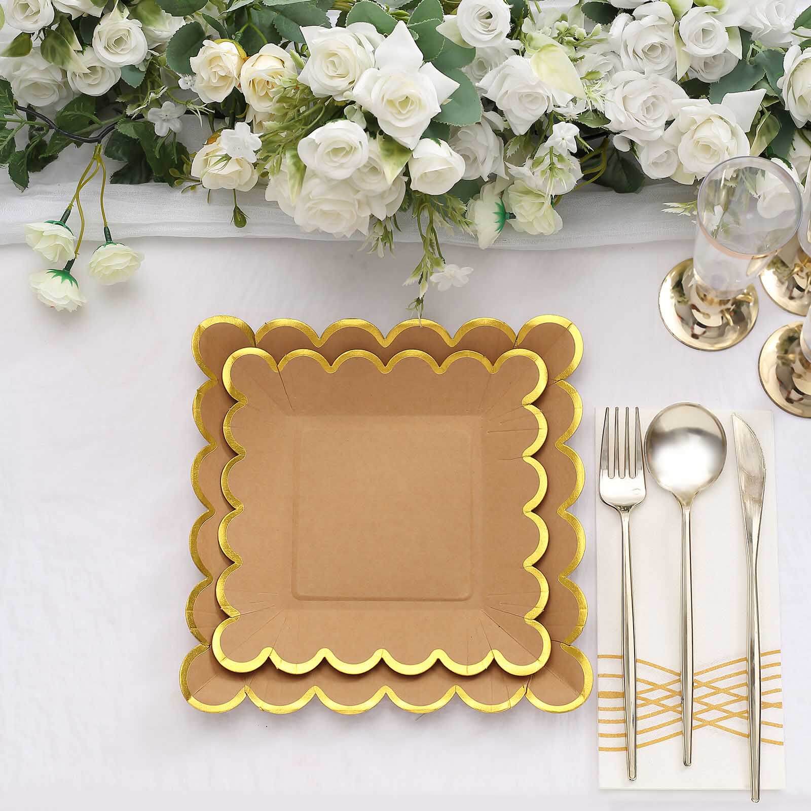 25-Pack Paper Square Dinner Plates 9" Natural Brown with Gold Scalloped Rim - Disposable Party Plates for Stylish Outdoor Events & Boho Celebrations - Image 10