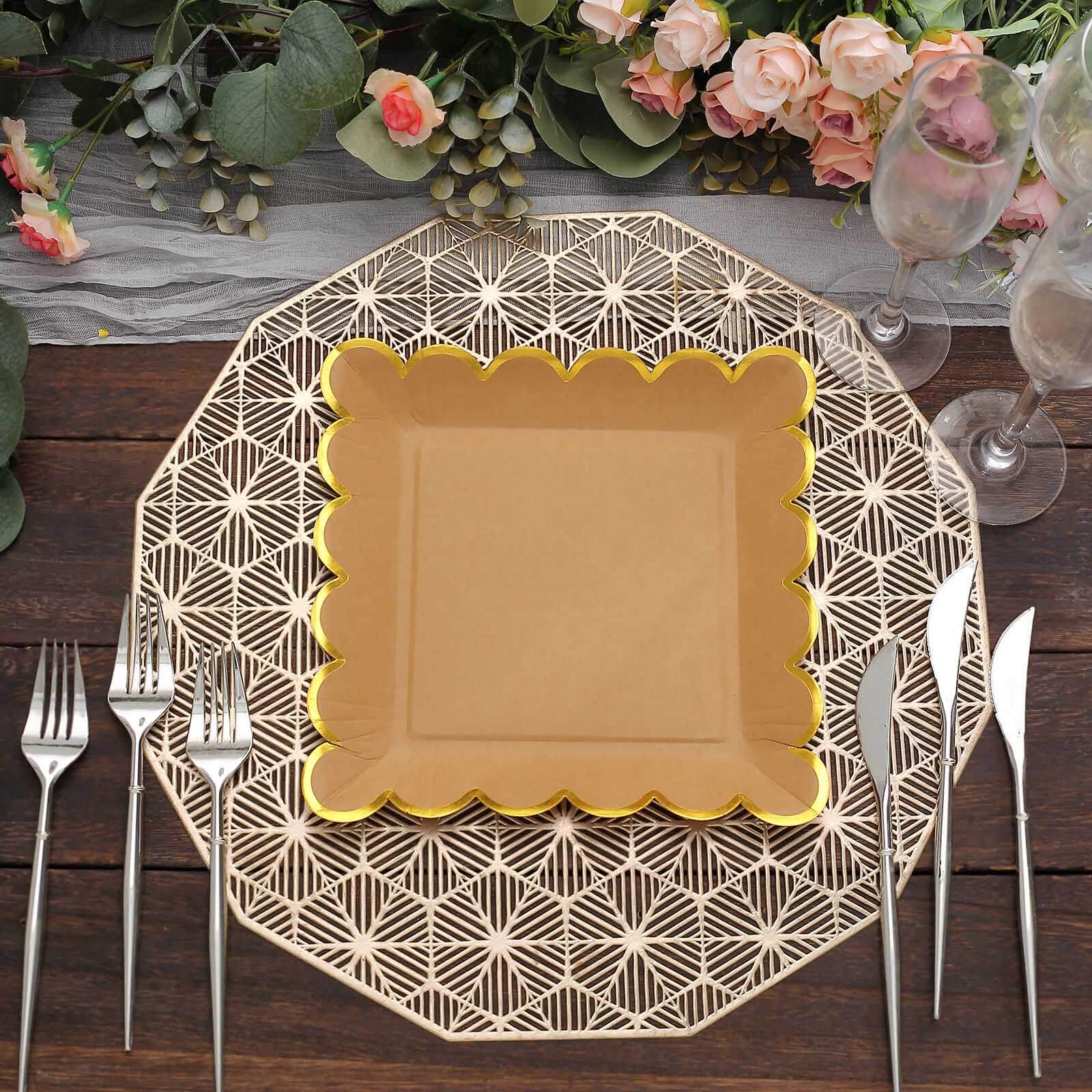 25-Pack Paper Square Dinner Plates 9" Natural Brown with Gold Scalloped Rim - Disposable Party Plates for Stylish Outdoor Events & Boho Celebrations - Image 6