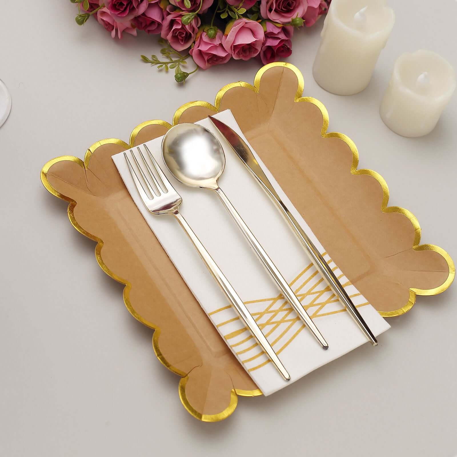 25-Pack Paper Square Dinner Plates 9" Natural Brown with Gold Scalloped Rim - Disposable Party Plates for Stylish Outdoor Events & Boho Celebrations - Image 9