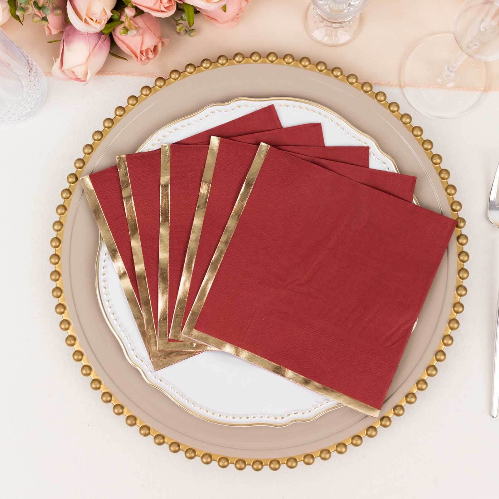 50-Pack Paper Beverage Napkins 2 Ply Burgundy with Gold Foil Edge 6.5"x6.5" - Soft Disposable Cocktail Napkins - Image 6
