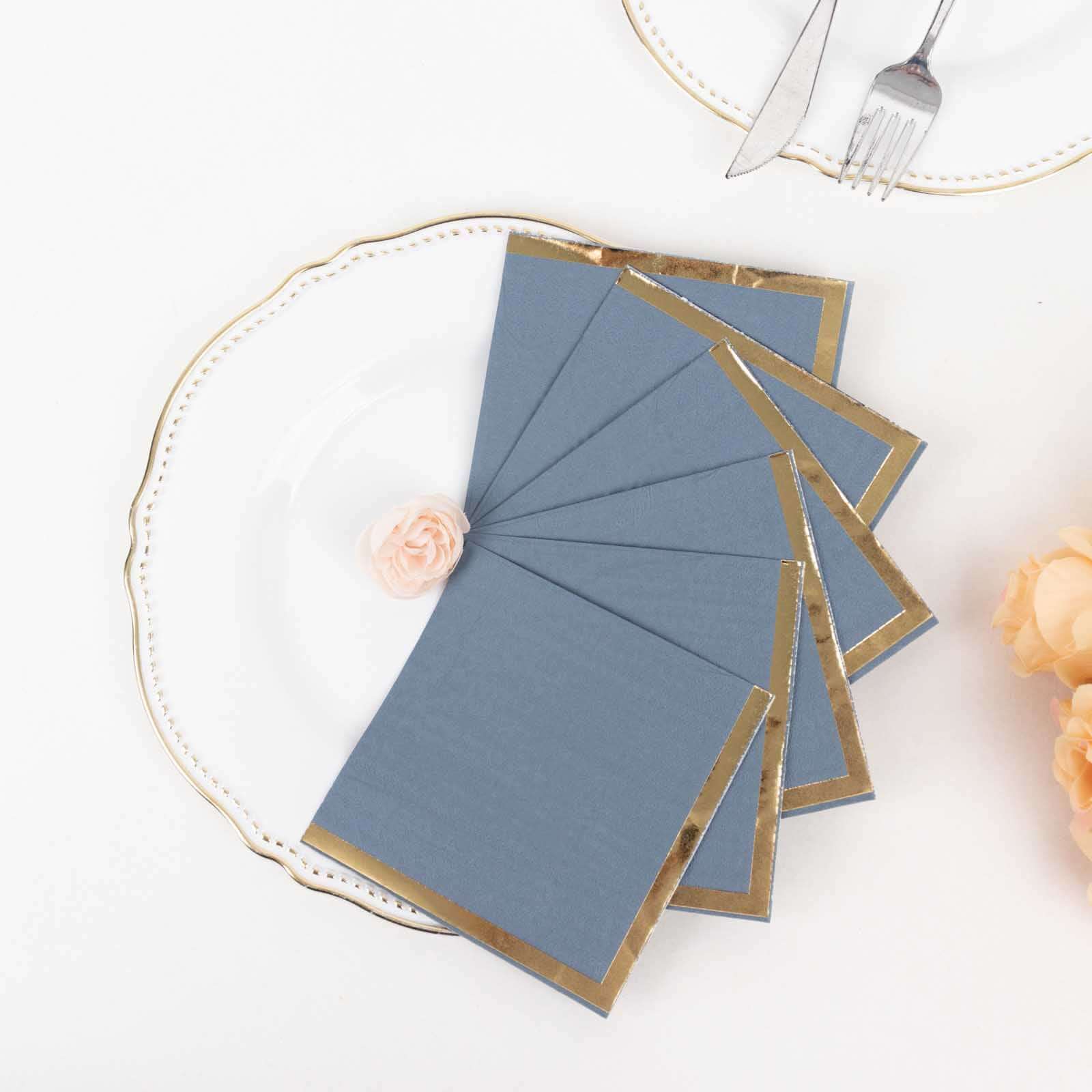 50-Pack Paper Beverage Napkins 2 Ply Dusty Blue with Gold Foil Edge 5"x5" - Soft Disposable Cocktail Napkins 18GSM - Image 5