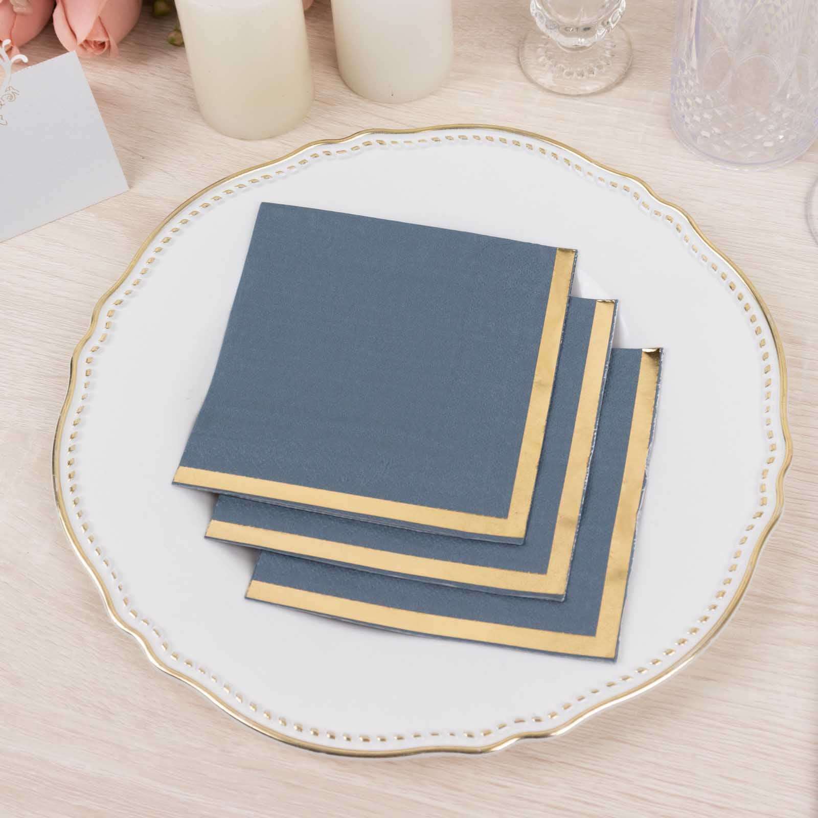50-Pack Paper Beverage Napkins 2 Ply Dusty Blue with Gold Foil Edge 5"x5" - Soft Disposable Cocktail Napkins 18GSM - Image 7