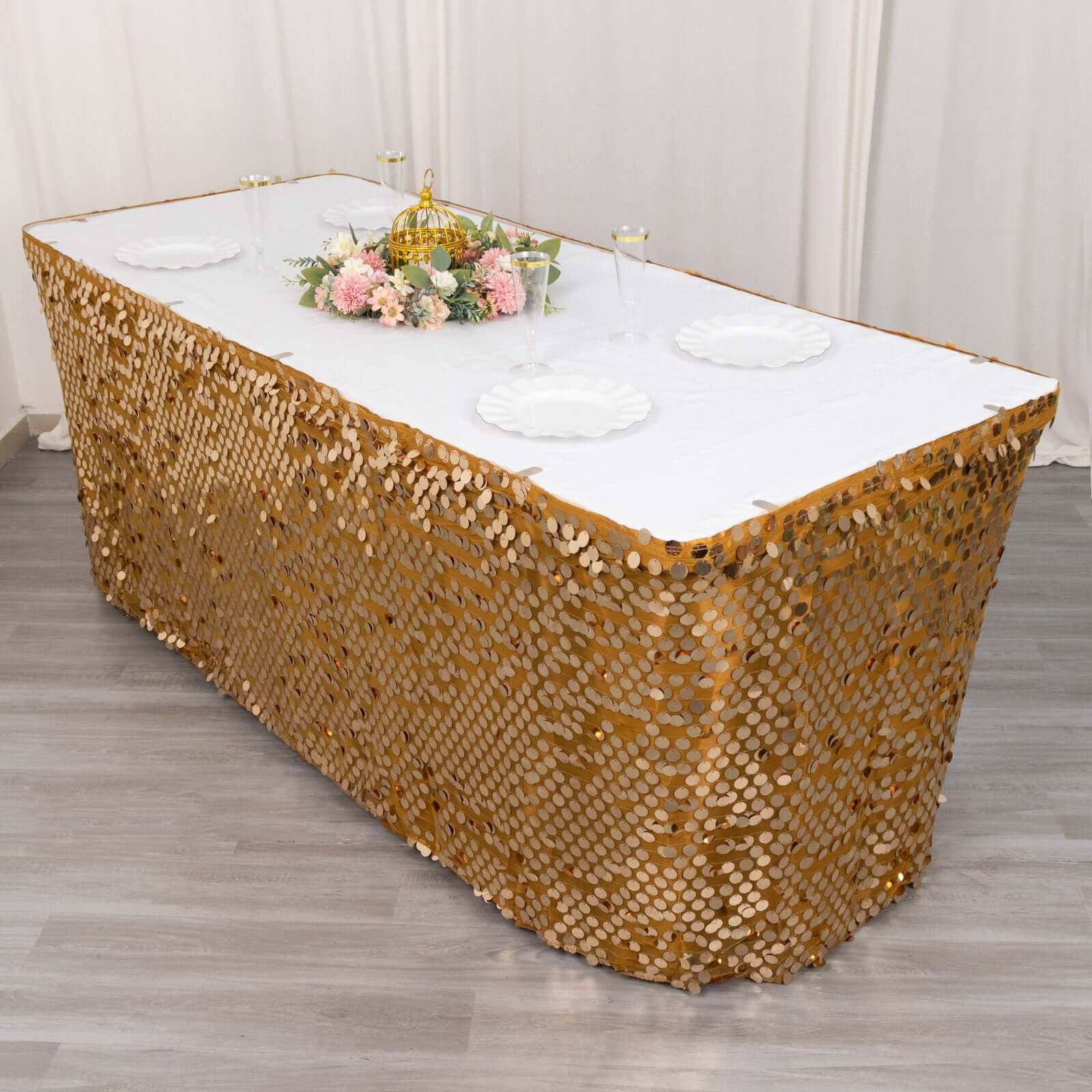 Payette Sequin Table Skirt 21ft Gold - Dual Layered Satin Sparkly Table Decor - Image 5
