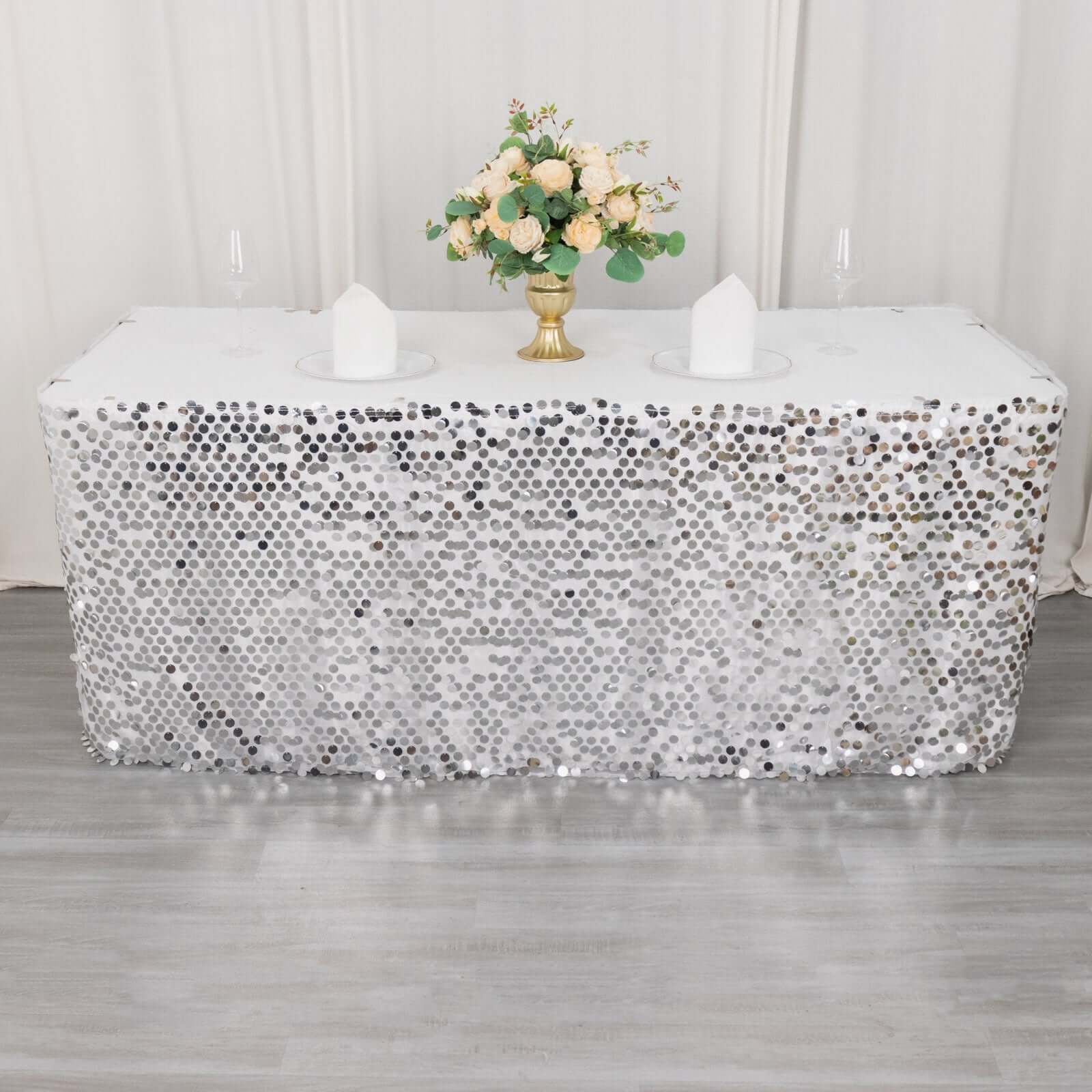 Payette Sequin Table Skirt 21ft Silver - Dual Layered Satin Sparkly Table Cover