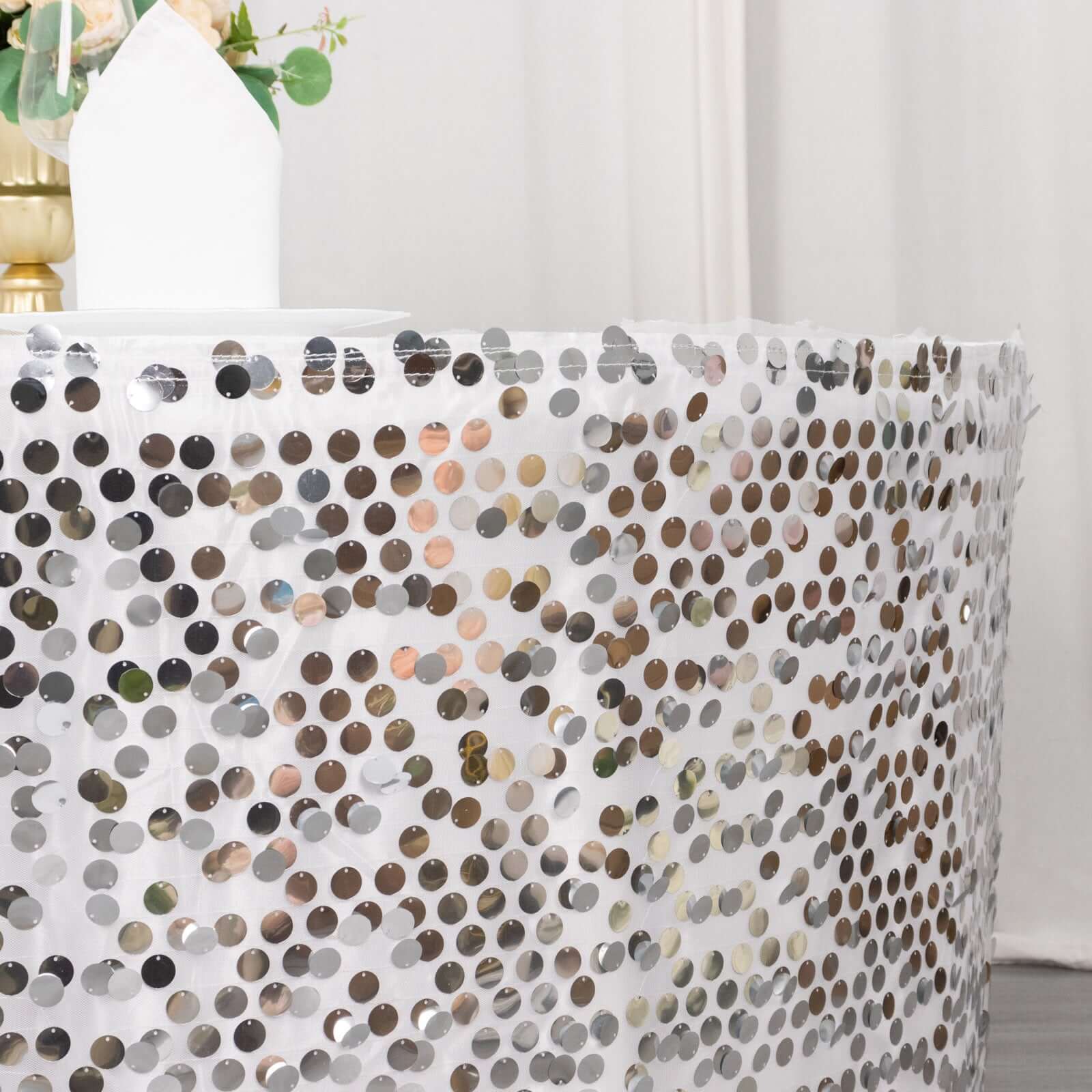 Payette Sequin Table Skirt 21ft Silver - Dual Layered Satin Sparkly Table Cover - Image 10