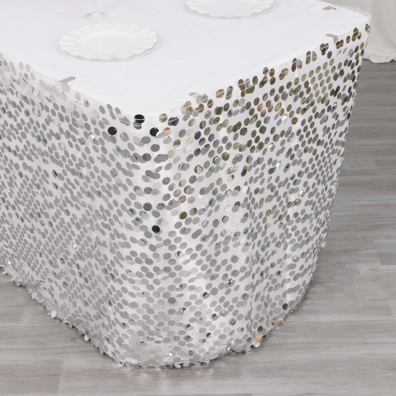 Payette Sequin Table Skirt 21ft Silver - Dual Layered Satin Sparkly Table Cover - Image 11
