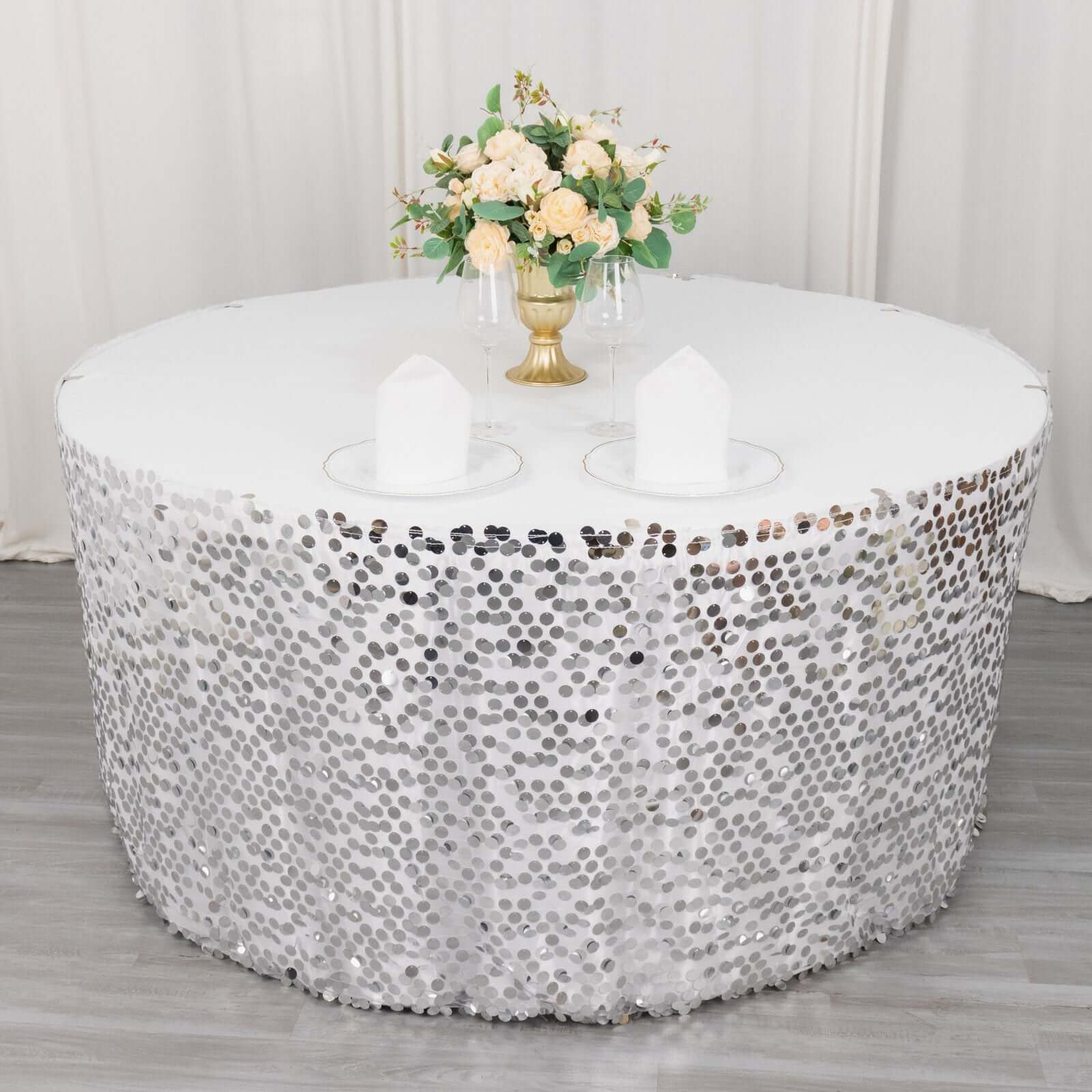 Payette Sequin Table Skirt 21ft Silver - Dual Layered Satin Sparkly Table Cover - Image 12