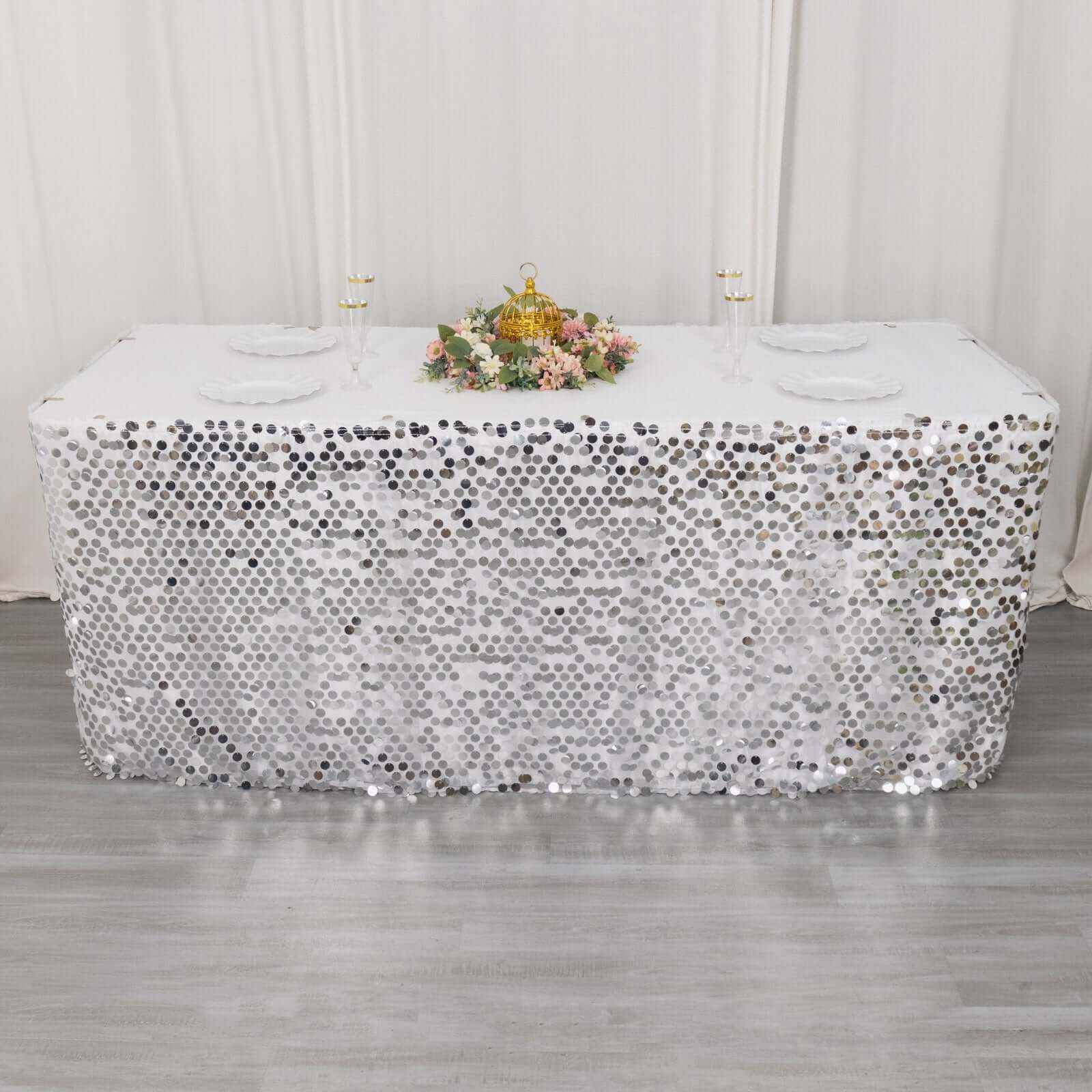 Payette Sequin Table Skirt 21ft Silver - Dual Layered Satin Sparkly Table Cover - Image 4