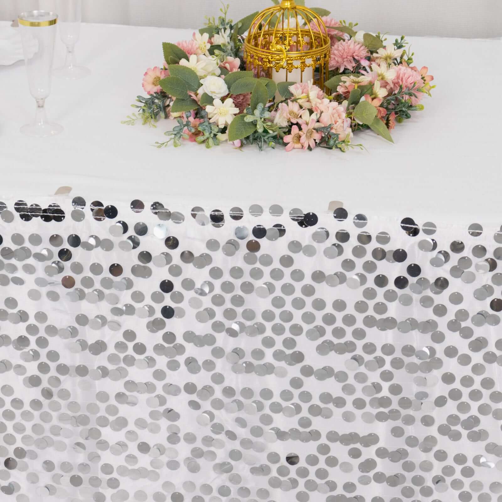 Payette Sequin Table Skirt 21ft Silver - Dual Layered Satin Sparkly Table Cover - Image 6