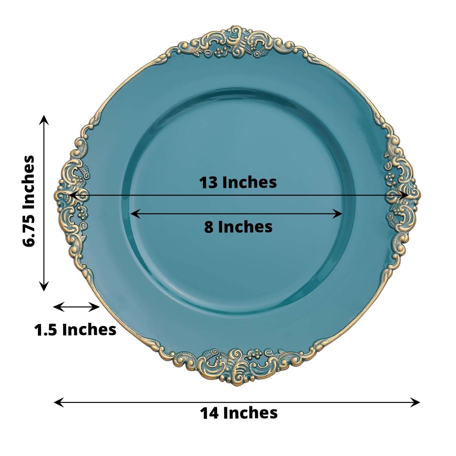 6-Pack Acrylic Charger Plates 13" Round Peacock Teal with Gold Embossed Baroque Rim - Antique Decorative Dinner Tableware - Image 3