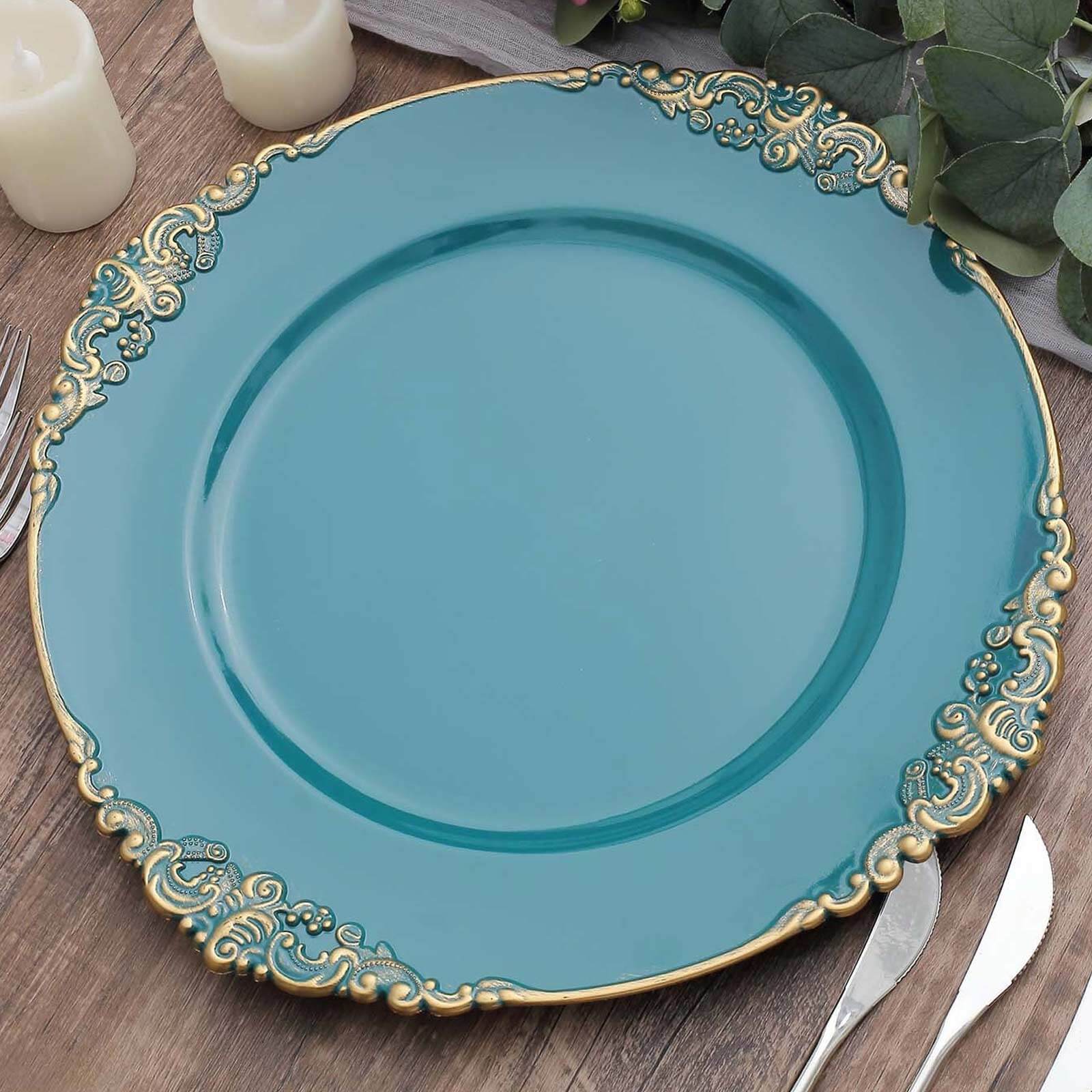 6-Pack Acrylic Charger Plates 13" Round Peacock Teal with Gold Embossed Baroque Rim - Antique Decorative Dinner Tableware - Image 5