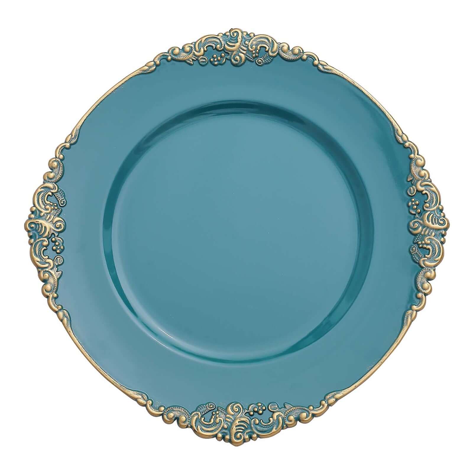 6-Pack Acrylic Charger Plates 13" Round Peacock Teal with Gold Embossed Baroque Rim - Antique Decorative Dinner Tableware - Image 6