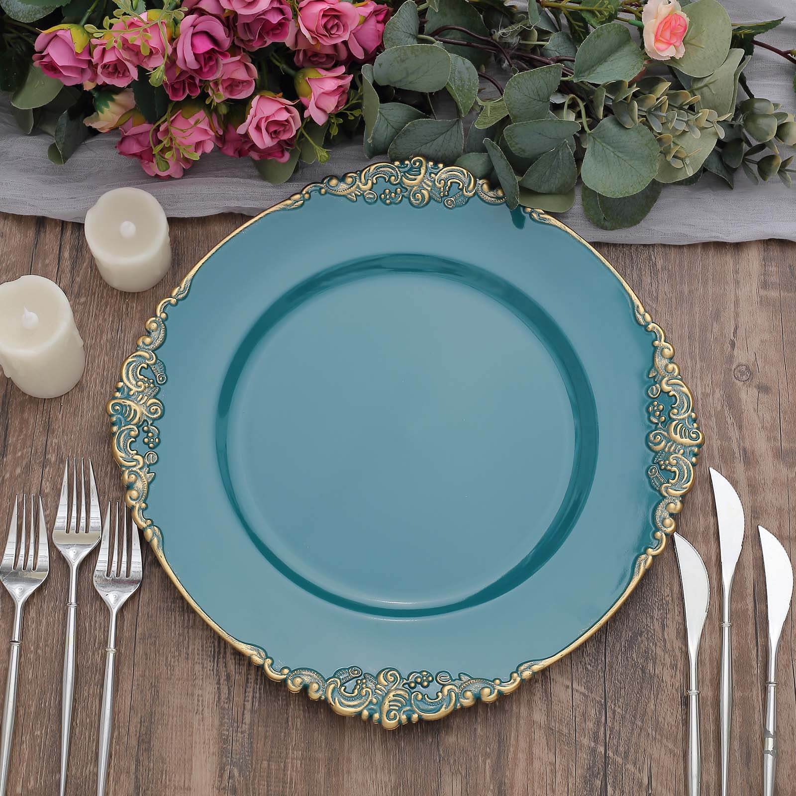 6-Pack Acrylic Charger Plates 13" Round Peacock Teal with Gold Embossed Baroque Rim - Antique Decorative Dinner Tableware - Image 7