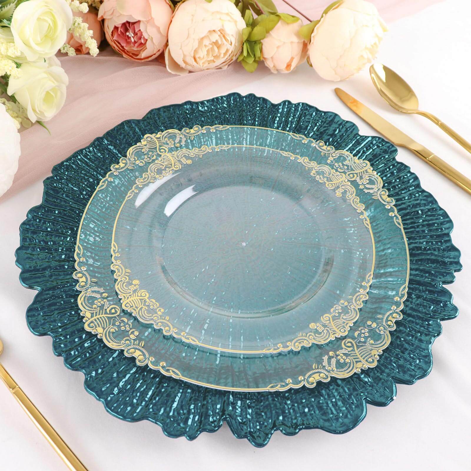6-Pack Acrylic Plastic Charger Plates 13" Round Peacock Teal Reef Design - Decorative Dinner Charger Tableware - Image 2