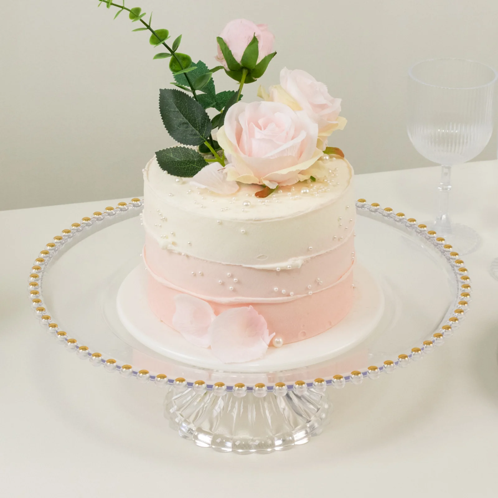 2-Pack Plastic Pedestal Cake Stands – Clear 13" Round Dessert Display Trays with Gold Beaded Rim