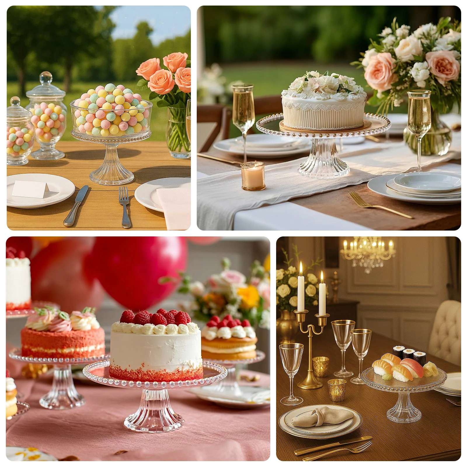 2-Pack Plastic Pedestal Cake Stands – Clear 13" Round Dessert Display Trays with Gold Beaded Rim - Image 5
