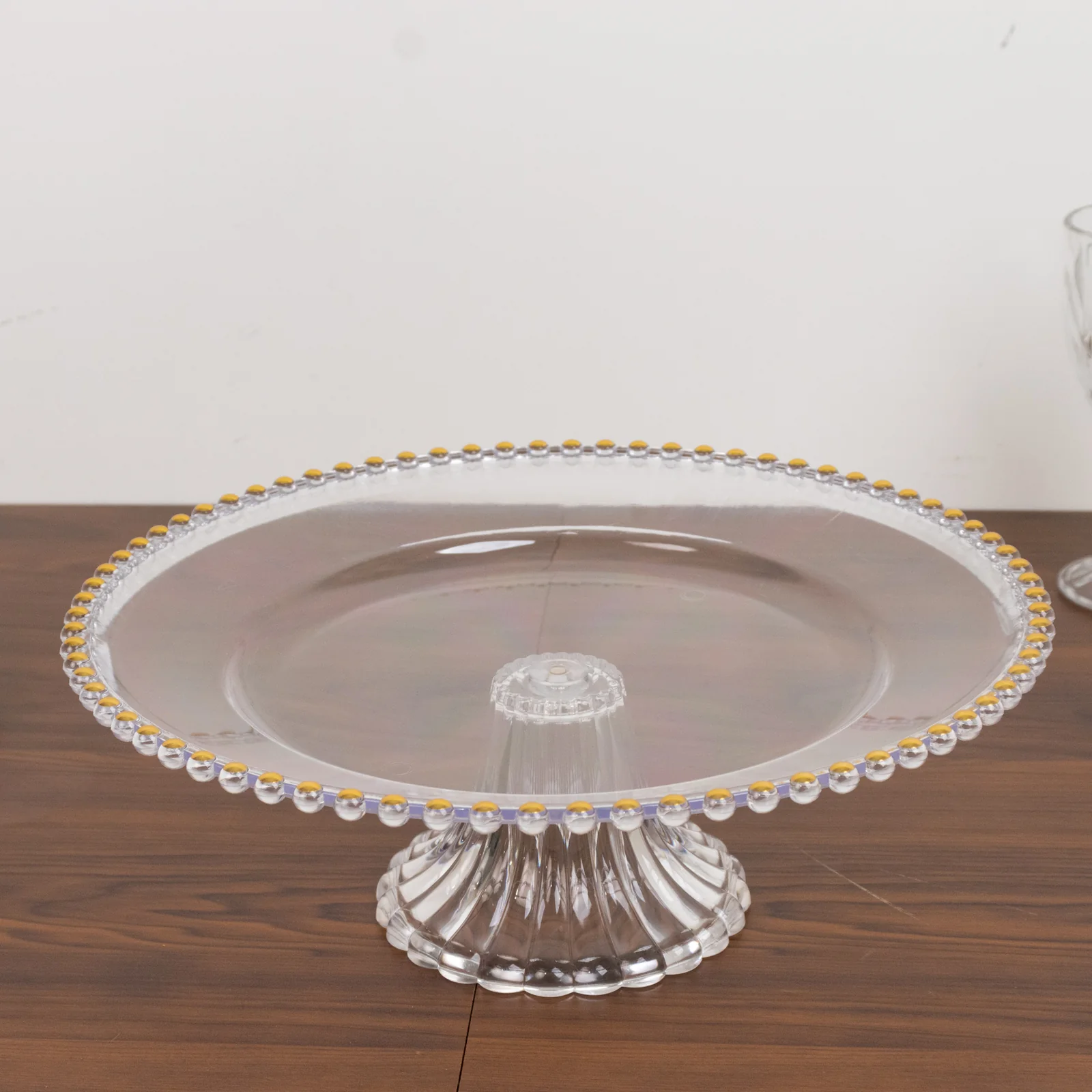 2-Pack Plastic Pedestal Cake Stands – Clear 13" Round Dessert Display Trays with Gold Beaded Rim - Image 7