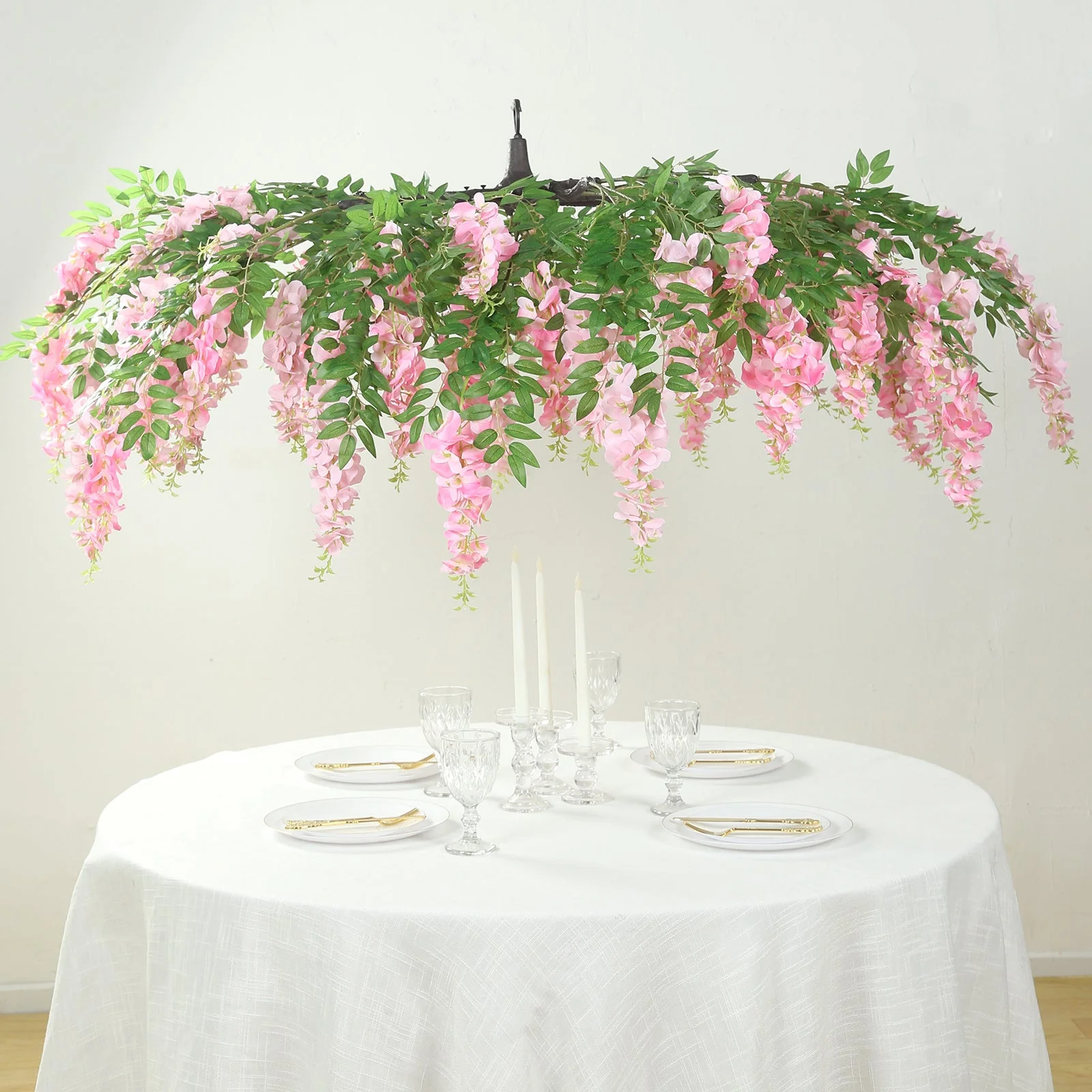 Artificial Silk Wisteria Vine Round Hanging Canopy in Pink & Dusty Rose, Draping Garland Flower Chandelier With Interchangeable Branches 55" - Image 7
