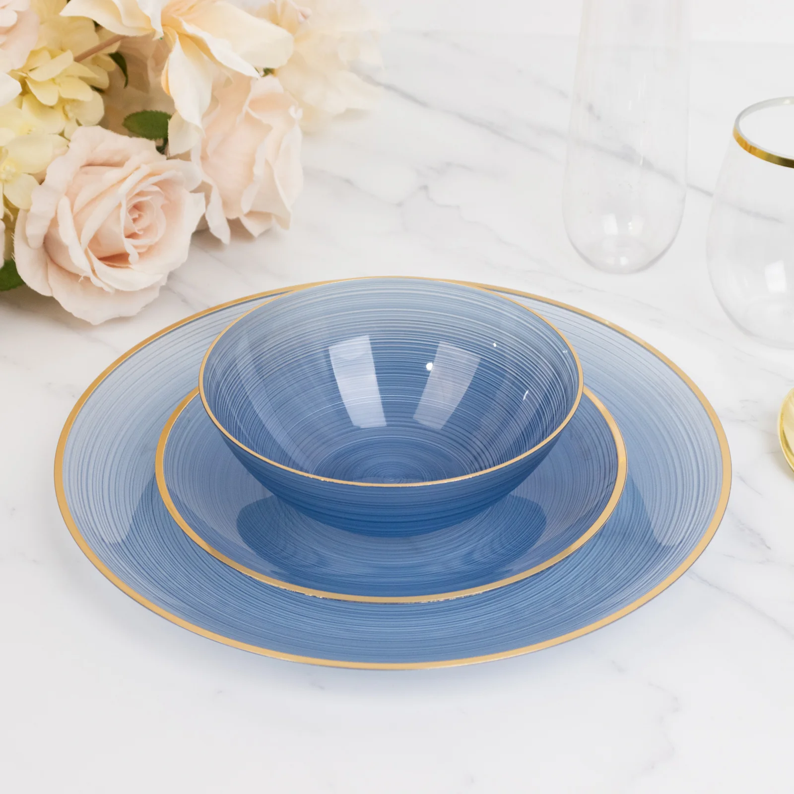 20-Pack Plastic Bowls 16oz – Transparent Dusty Blue with Gold Rim, Elegant Crystal-Like Swirl Disposable Bowls - Image 3
