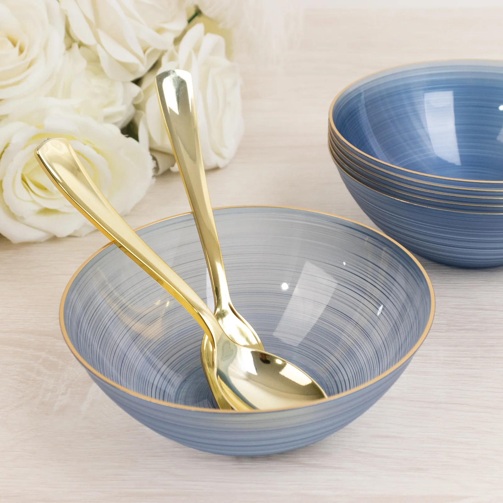 20-Pack Plastic Bowls 16oz – Transparent Dusty Blue with Gold Rim, Elegant Crystal-Like Swirl Disposable Bowls - Image 6