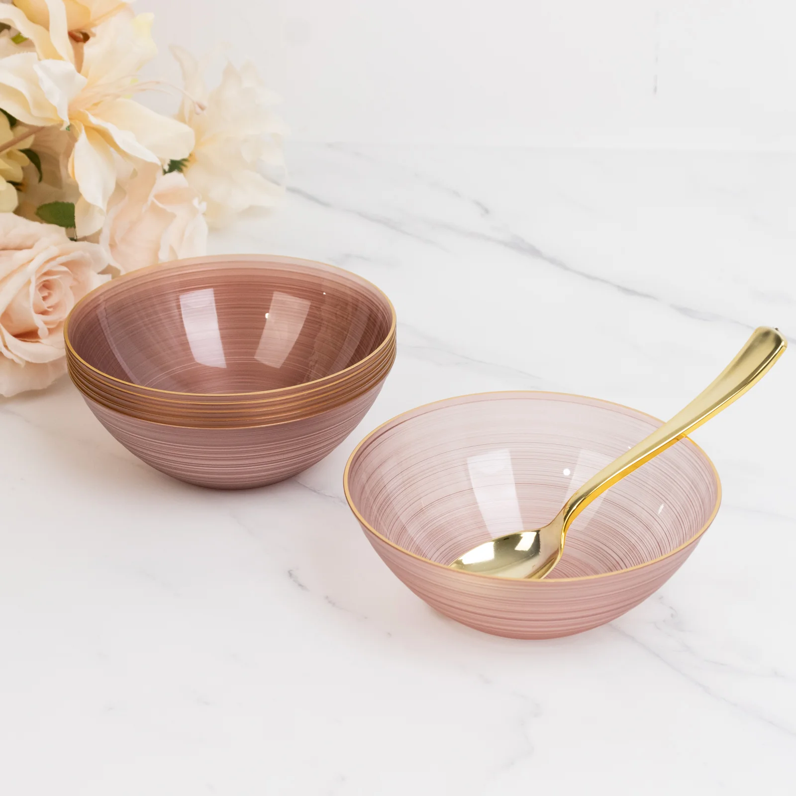 20-Pack Plastic Bowls 16oz – Transparent Dusty Rose with Gold Rim, Elegant Crystal-Like Swirl Disposable Bowls