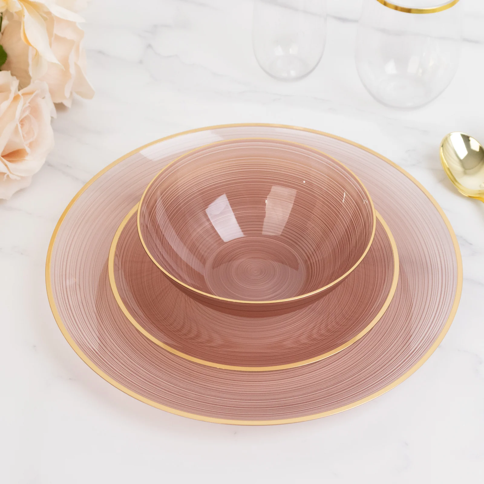 20-Pack Plastic Bowls 16oz – Transparent Dusty Rose with Gold Rim, Elegant Crystal-Like Swirl Disposable Bowls - Image 3