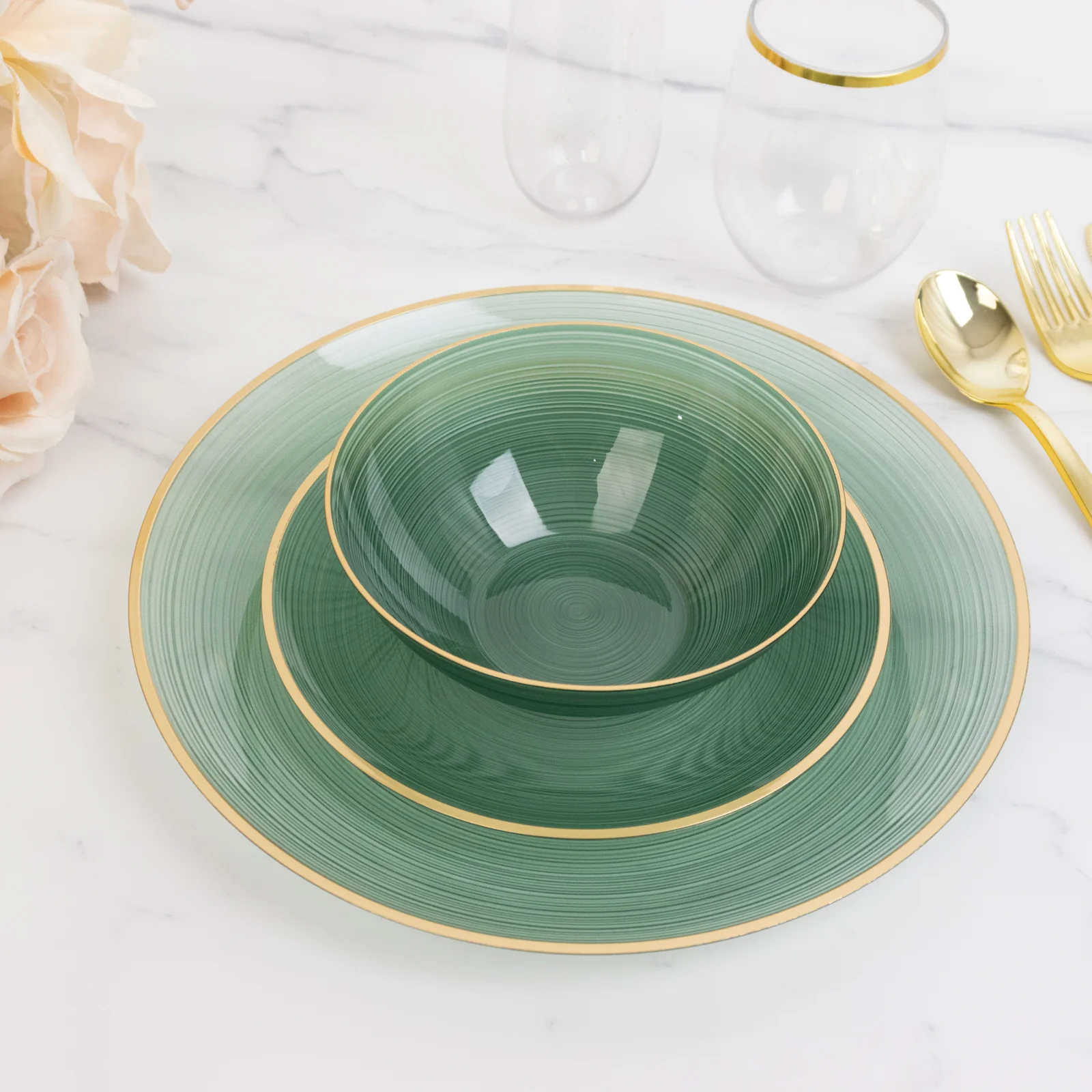 20-Pack Plastic Bowls 16oz – Transparent Dusty Sage Green with Gold Rim, Elegant Crystal-Like Swirl Disposable Bowls - Image 3