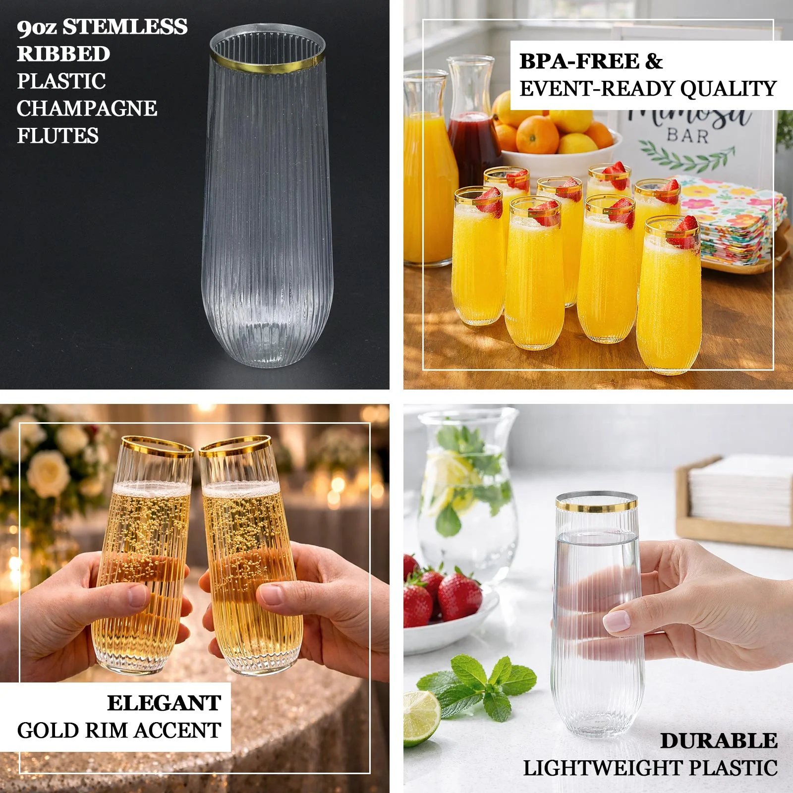 12 Pack Stemless Plastic Champagne Flutes – 9oz Clear Gold Rim – Ribbed Reusable Lightweight Disposable Toasting Glasses - Image 4