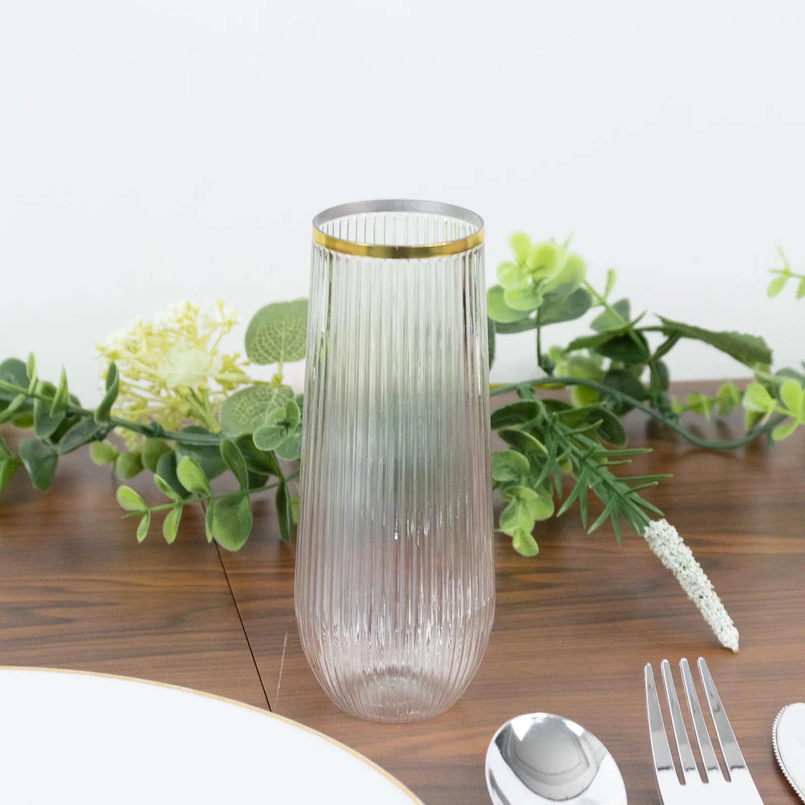 12 Pack Stemless Plastic Champagne Flutes – 9oz Clear Gold Rim – Ribbed Reusable Lightweight Disposable Toasting Glasses - Image 8