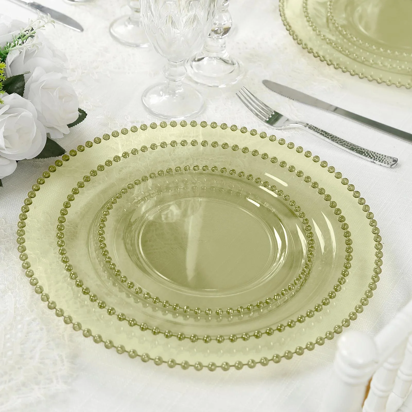 10-Pack Economy Plastic Charger Plates 13" Round Transparent Dusty Sage Green with Beaded Rim - Stylish Dinner Party Serving Plates - Image 9
