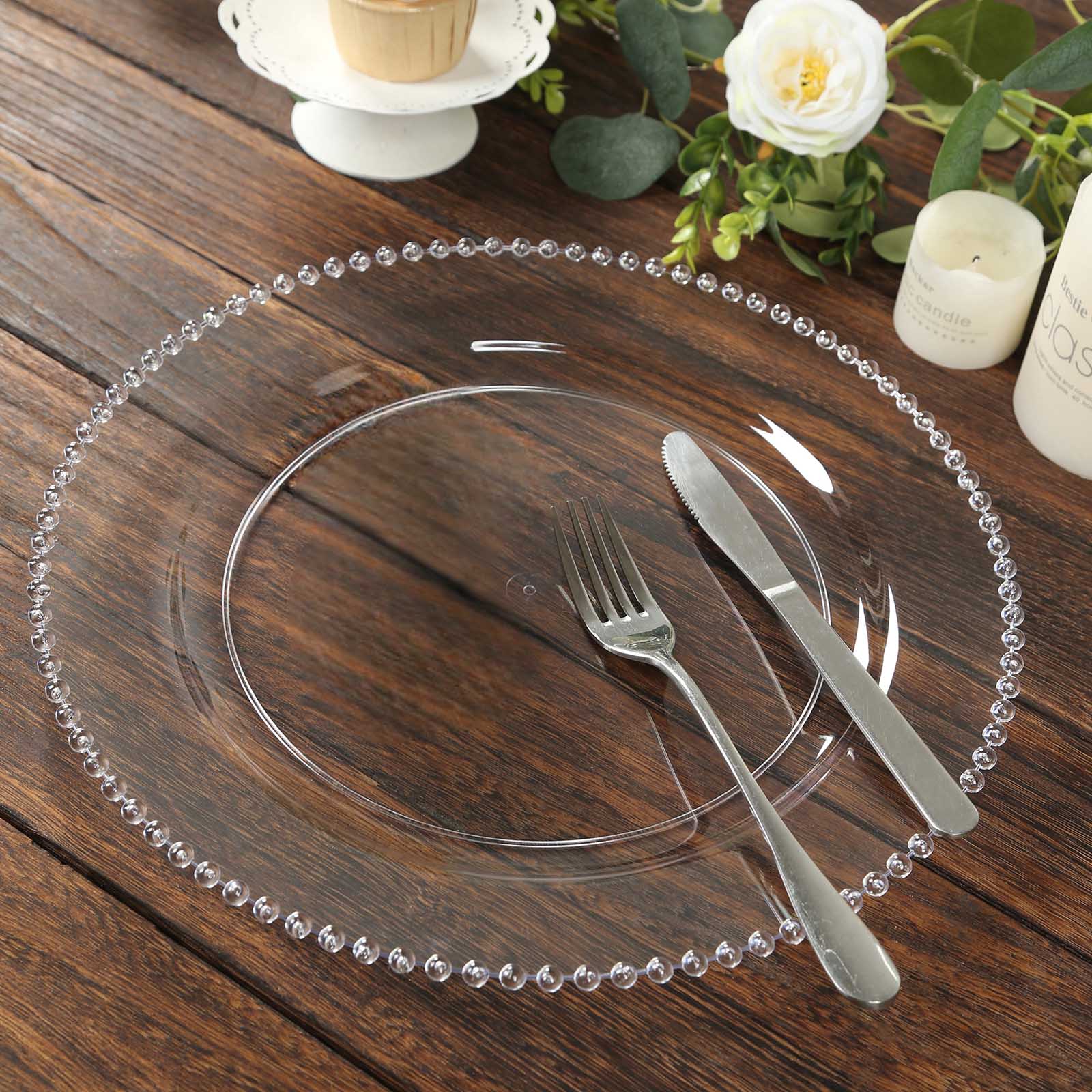10-Pack Economy Plastic Charger Plates 13" Round Clear Beaded Rim - Stylish Dinner Party Serving Plates - Image 7