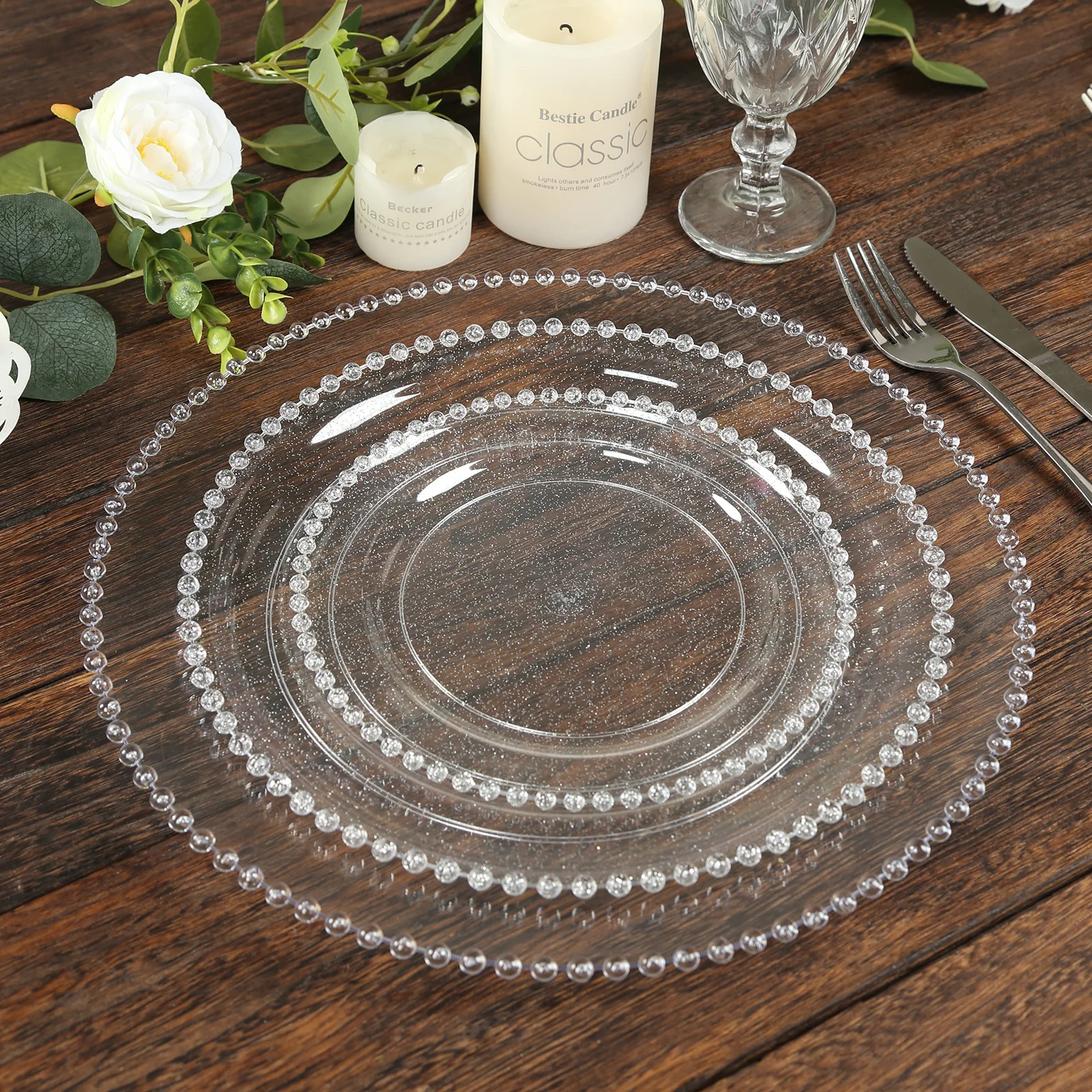10-Pack Economy Plastic Charger Plates 13" Round Clear Beaded Rim - Stylish Dinner Party Serving Plates - Image 8
