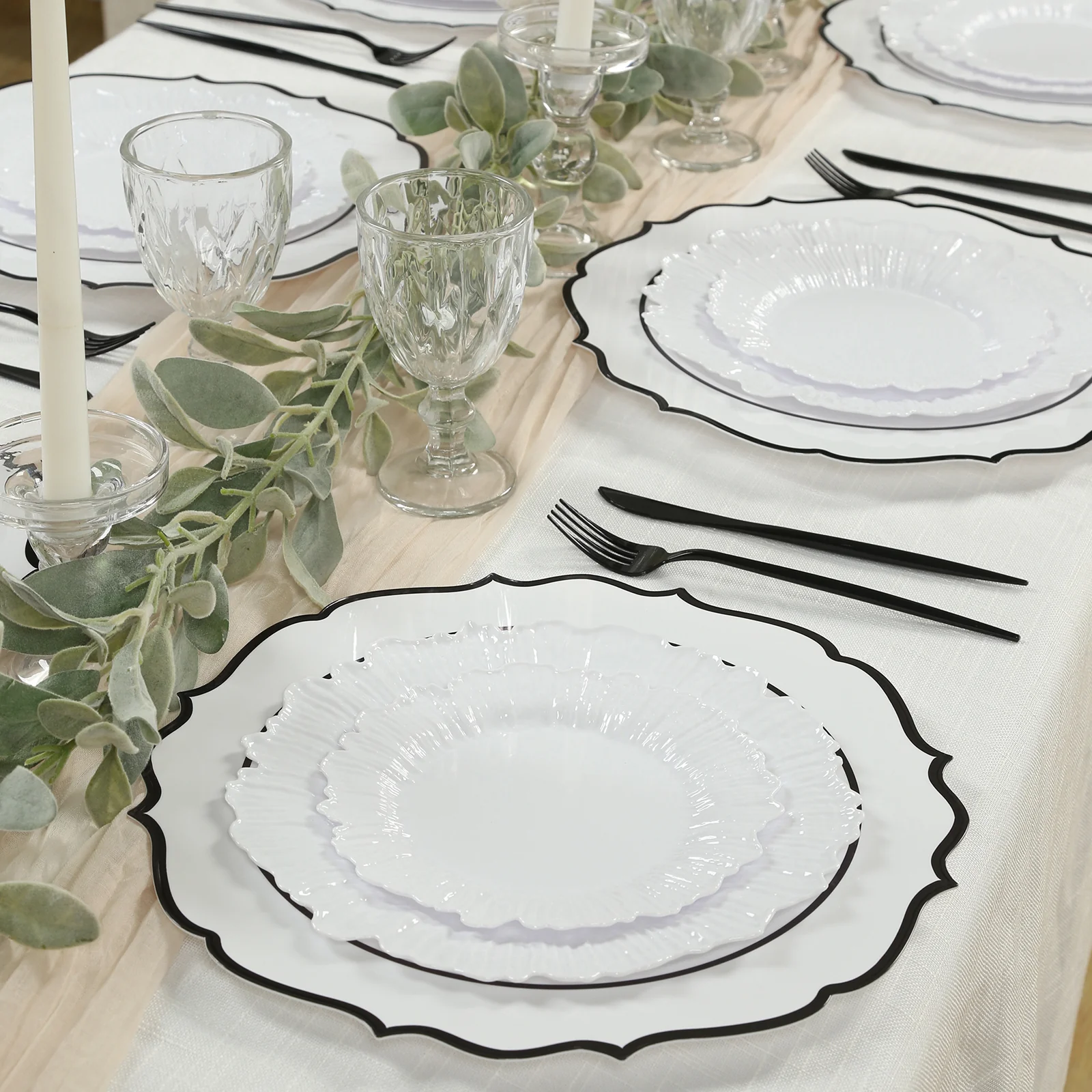 10-Pack Economy Plastic Charger Plates 13" Round White with Black Scalloped Rim - Decorative Dinner Party Serving Plates - Image 6