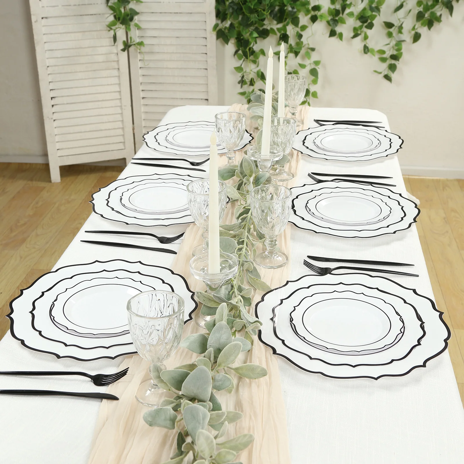 10-Pack Economy Plastic Charger Plates 13" Round White with Black Scalloped Rim - Decorative Dinner Party Serving Plates - Image 7