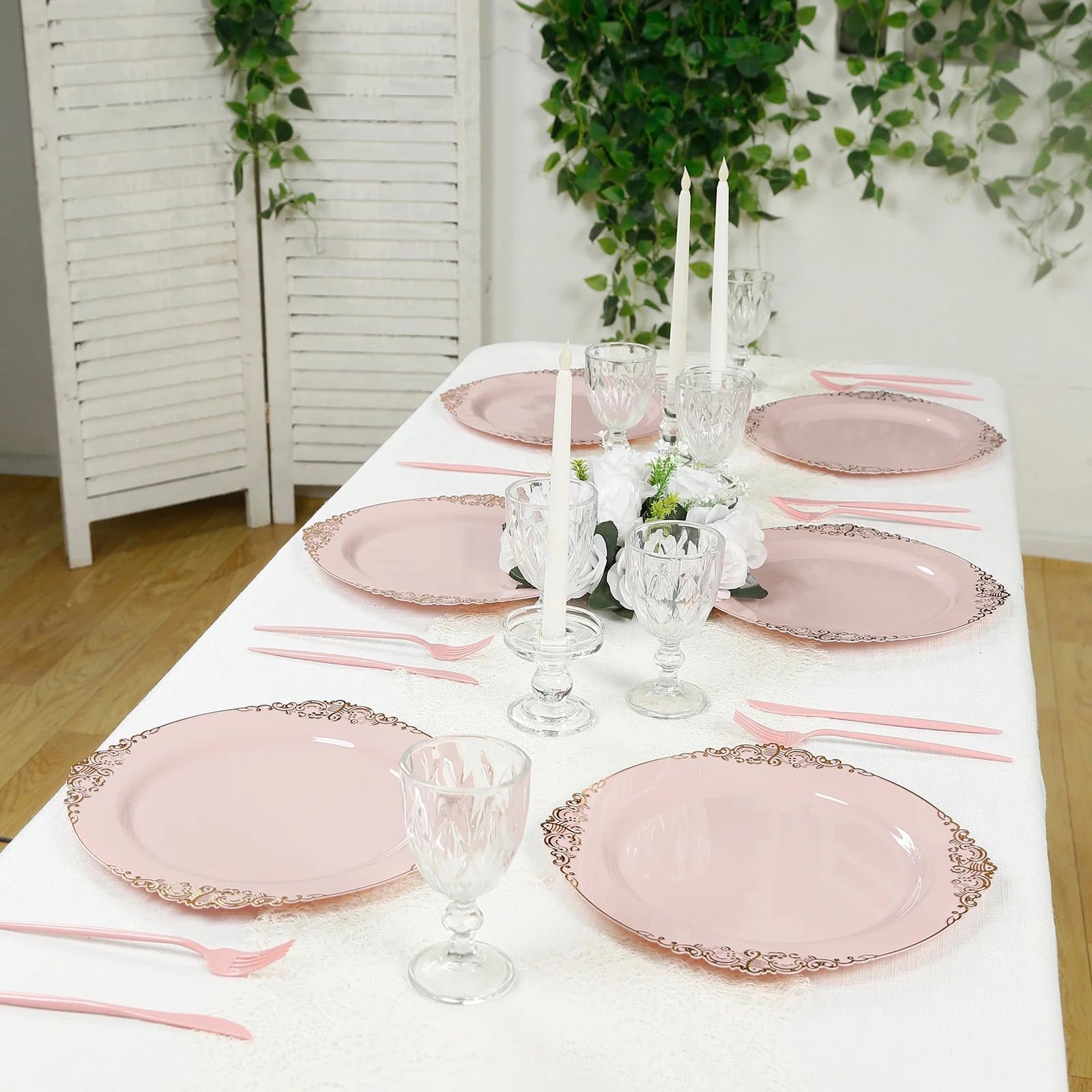 20-Pack Economy Plastic Charger Plates 13" Round Blush with Gold Embossed Baroque Rim - Stylish Dinner Party Serving Plates - Image 4