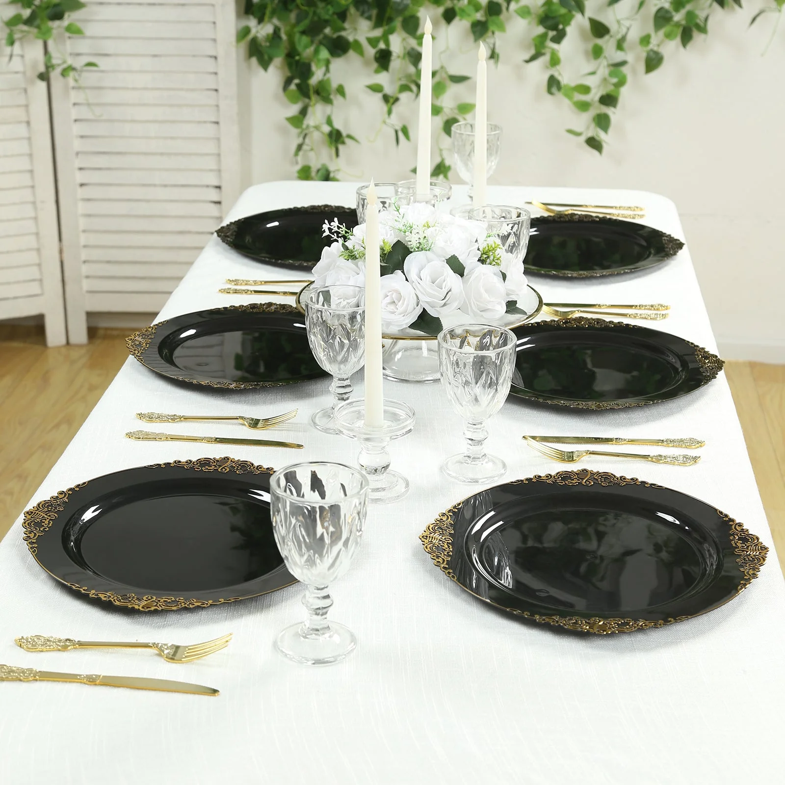 20-Pack Economy Plastic Charger Plates 13" Round Black with Gold Embossed Baroque Rim - Stylish Dinner Party Serving Plates - Image 3