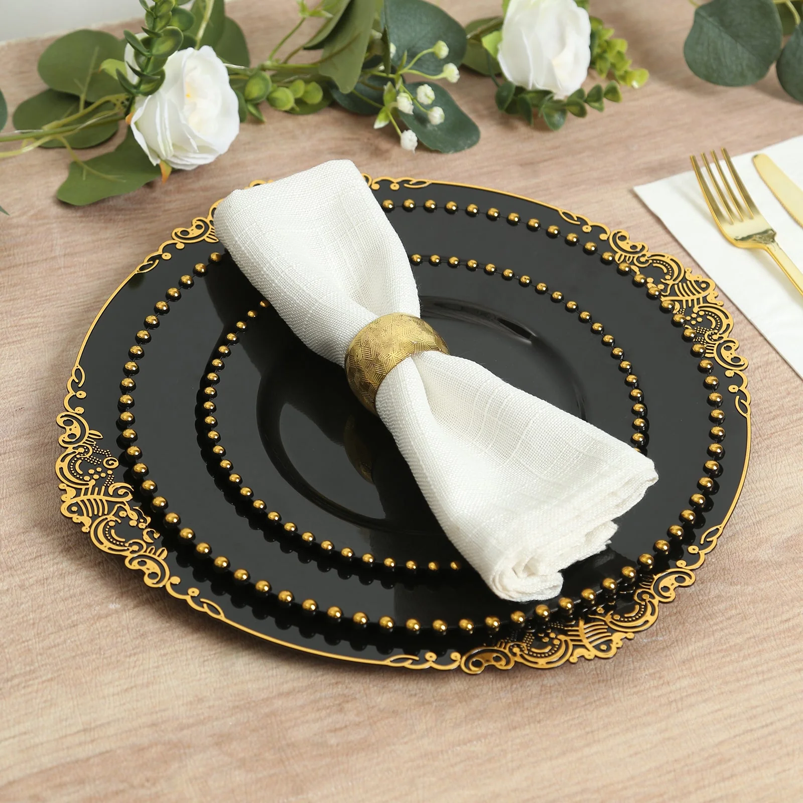 20-Pack Economy Plastic Charger Plates 13" Round Black with Gold Embossed Baroque Rim - Stylish Dinner Party Serving Plates - Image 4