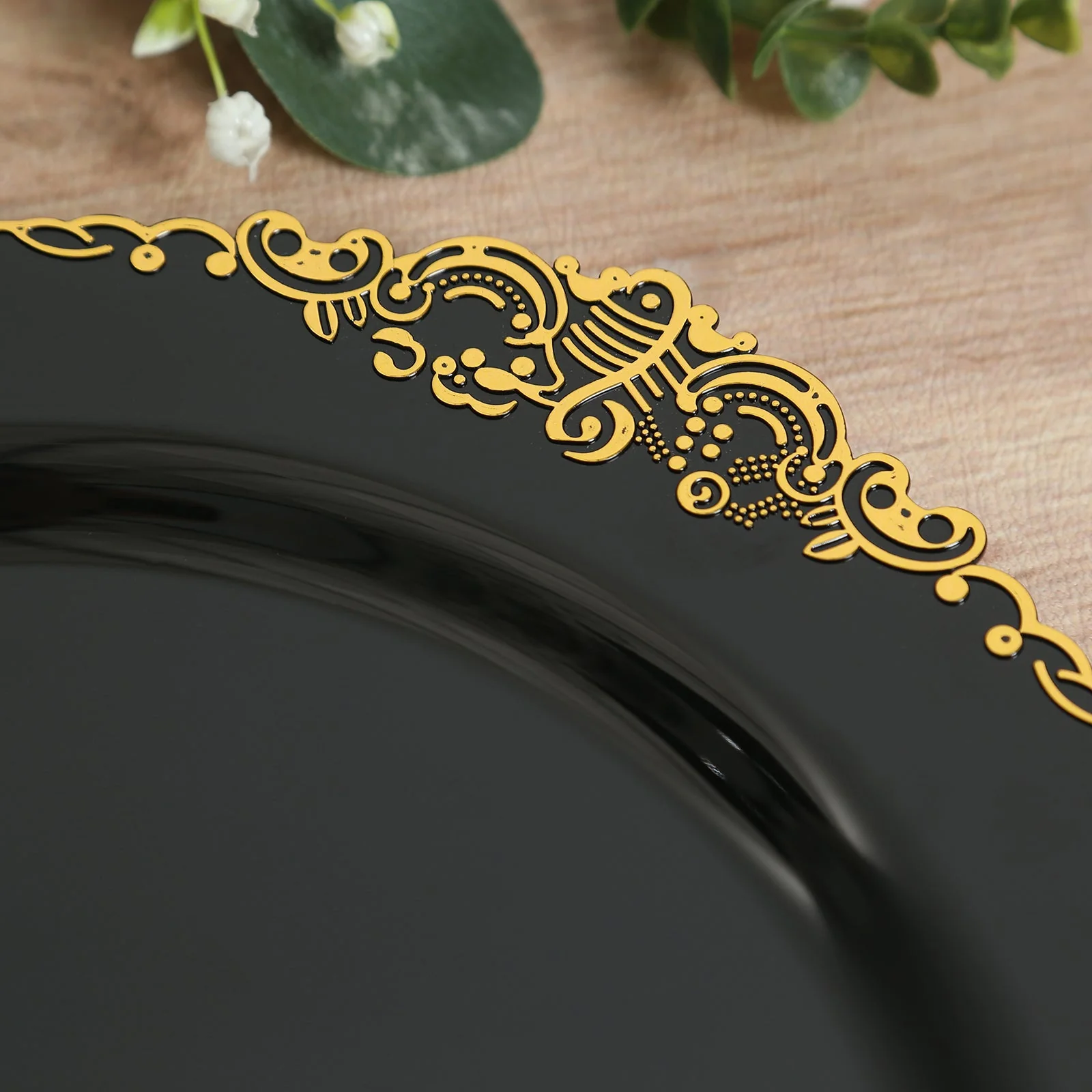 20-Pack Economy Plastic Charger Plates 13" Round Black with Gold Embossed Baroque Rim - Stylish Dinner Party Serving Plates - Image 6