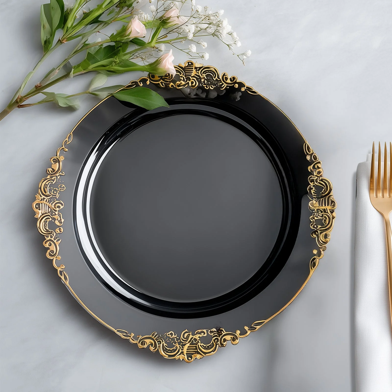 20-Pack Economy Plastic Charger Plates 13" Round Black with Gold Embossed Baroque Rim - Stylish Dinner Party Serving Plates - Image 7