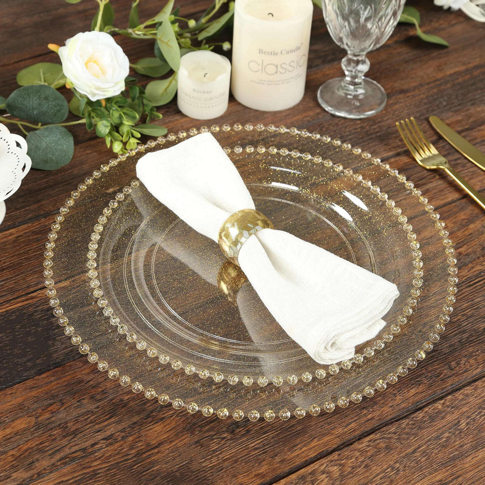 10-Pack Economy Plastic Charger Plates 13" Round Clear/Gold Glitter with Beaded Rim - Stylish Dinner Party Serving Plates - Image 8