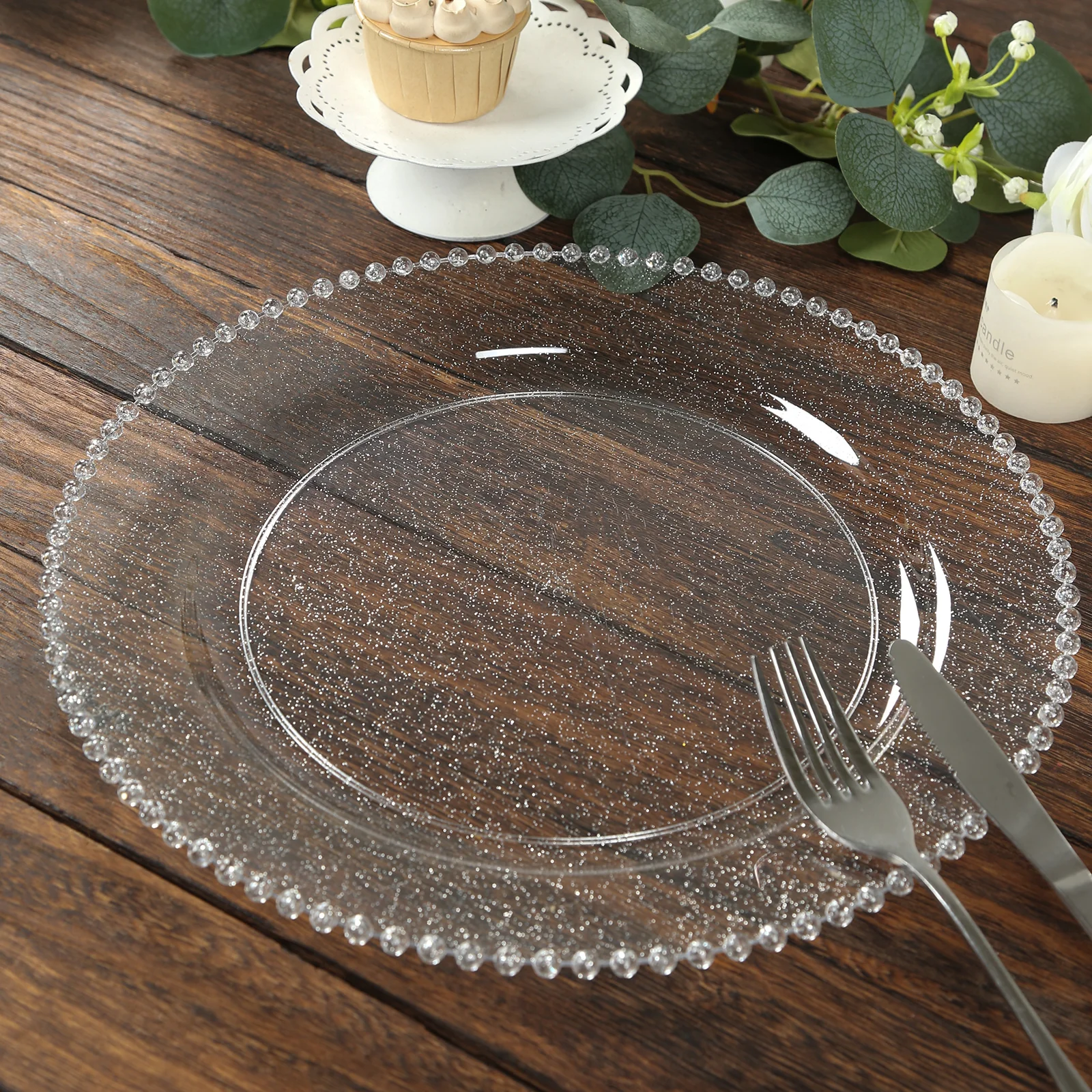 10-Pack Economy Plastic Charger Plates 13" Round Clear/Silver Glitter with Beaded Rim - Stylish Dinner Party Serving Plates - Image 7